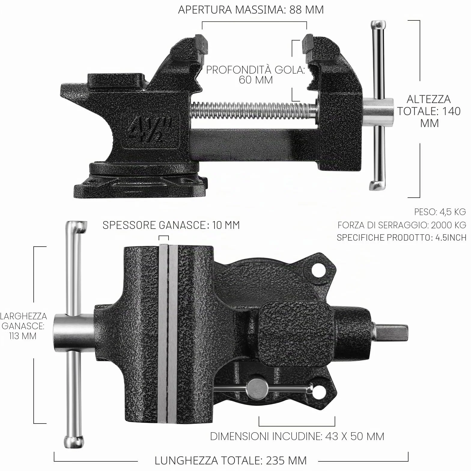 TEENO Morsa da Banco 4.5 inch 4.5kg，con larghezza della mascella 113 mm，Heavy Duty 270 ° Base Girevole Tavolo Morsetto da Banco,materiale in acciaio fuso, potenza di serraggio 2000 kg