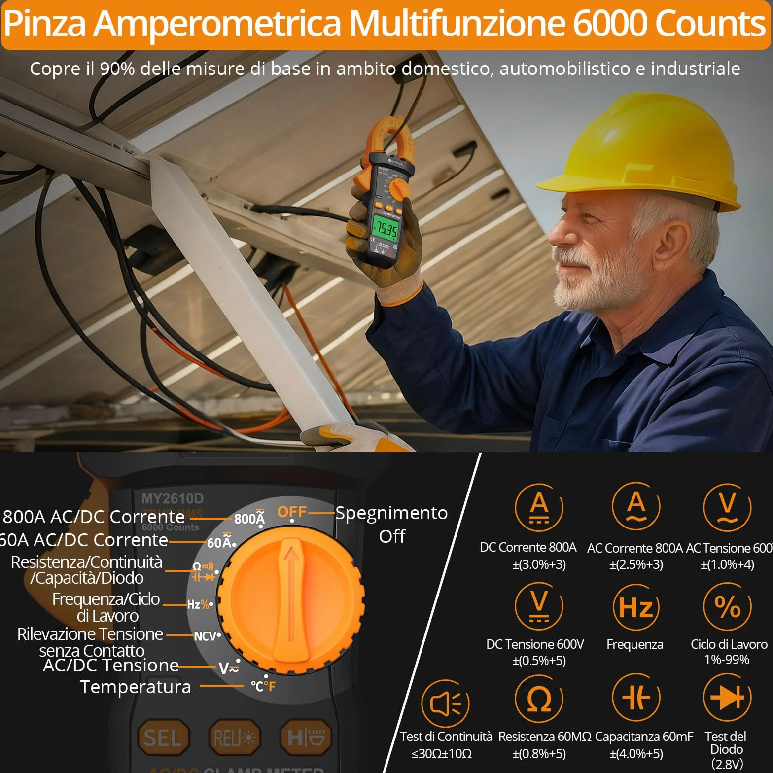 Neoteck Pinza Amperometrica Digitale TRMS 6000 Conteggi – 800 A Corrente AC/DC, Tensione AC/DC, NCV, Continuità, Capacità, Resistenza, Frequenza, Test Diodi e Temperatura, Retroilluminazione e Torcia