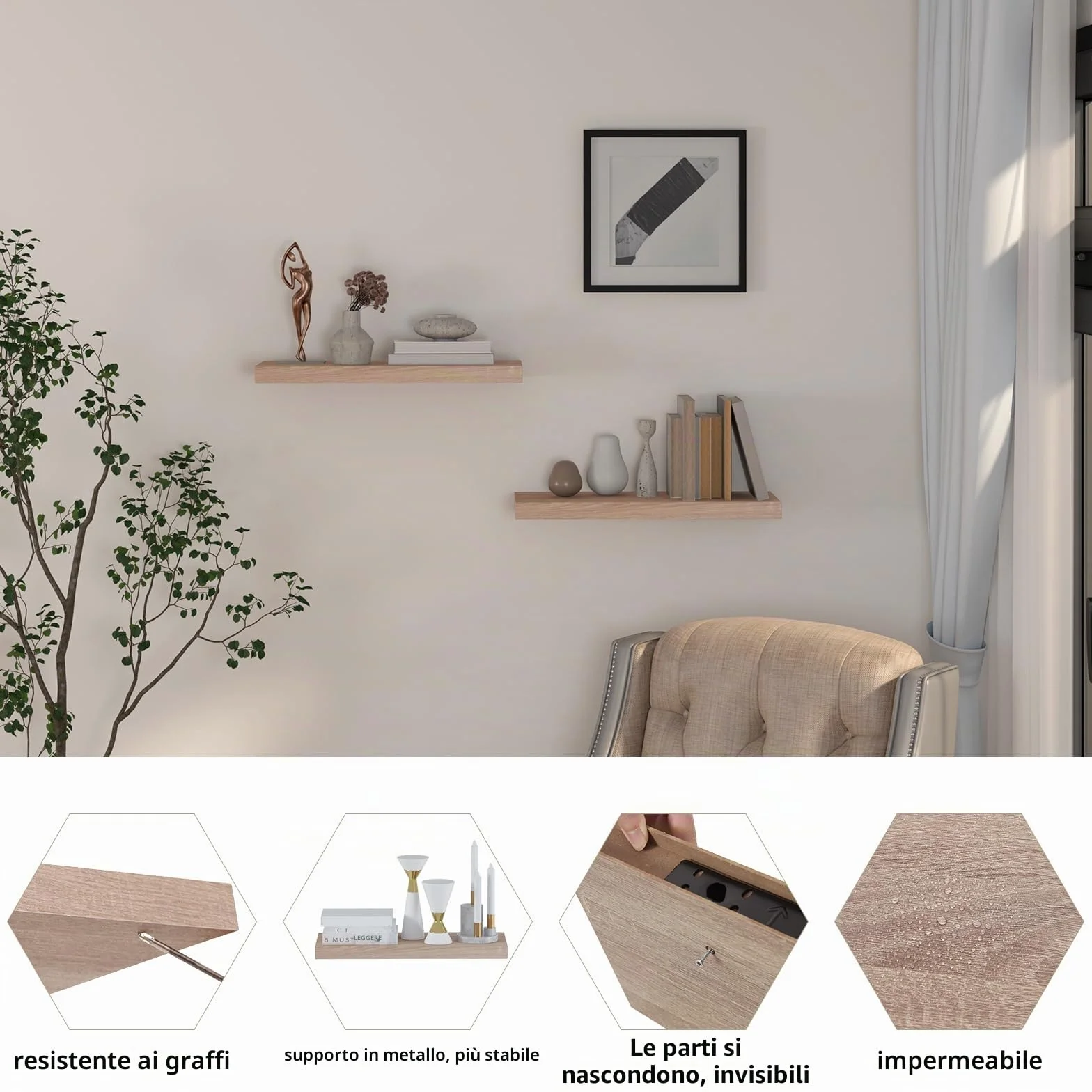 EUGAD Mensola a Muro, Scaffale a Parete in Legno MDF, 50cm, Rovere dorato, Mensola Multiuso a Scomparsa Decorazione per Soggiorno, Camera da Letto, Salotto