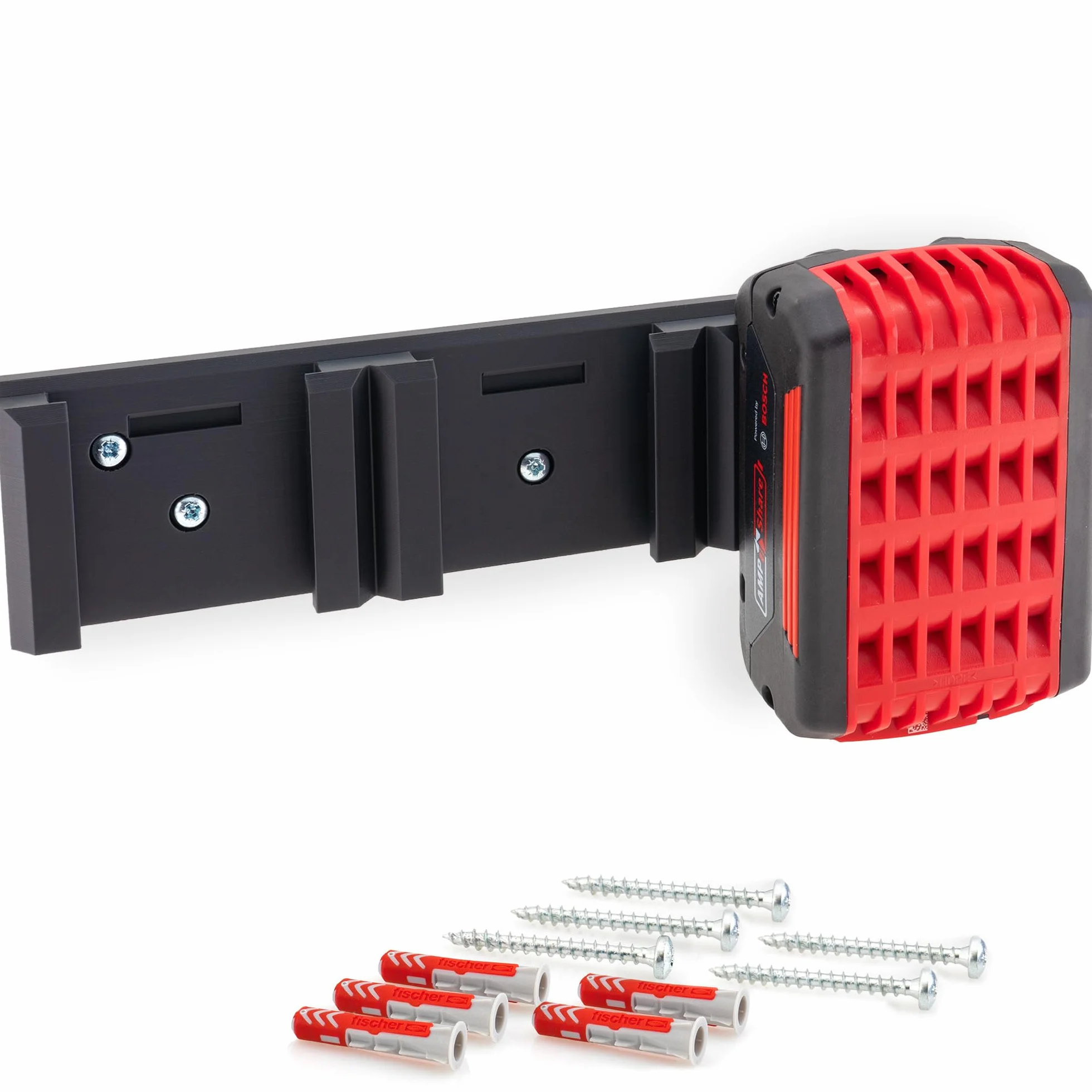 Supporto da parete per batterie Bosch Professional da 18 V e PowerCore, robusto supporto salvaspazio, per 3 batterie, 5 viti e 5 tasselli, facile da montare con funzione di bloccaggio [Made in Germay]