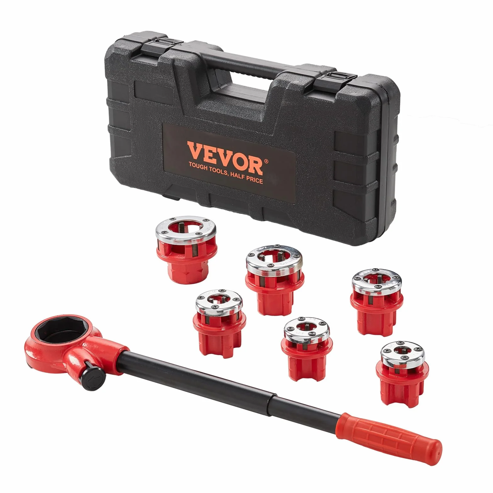 VEVOR Kit di Filettatura dei Tubi con Cricchetto Set di 6 Matrici 1/4" NPT-1-1/4" NPT Teste Idrauliche Manuali Portatili in Valigetta per Tubi, Kit di Strumenti per Filettare Tubi a Cricchetto Manuale