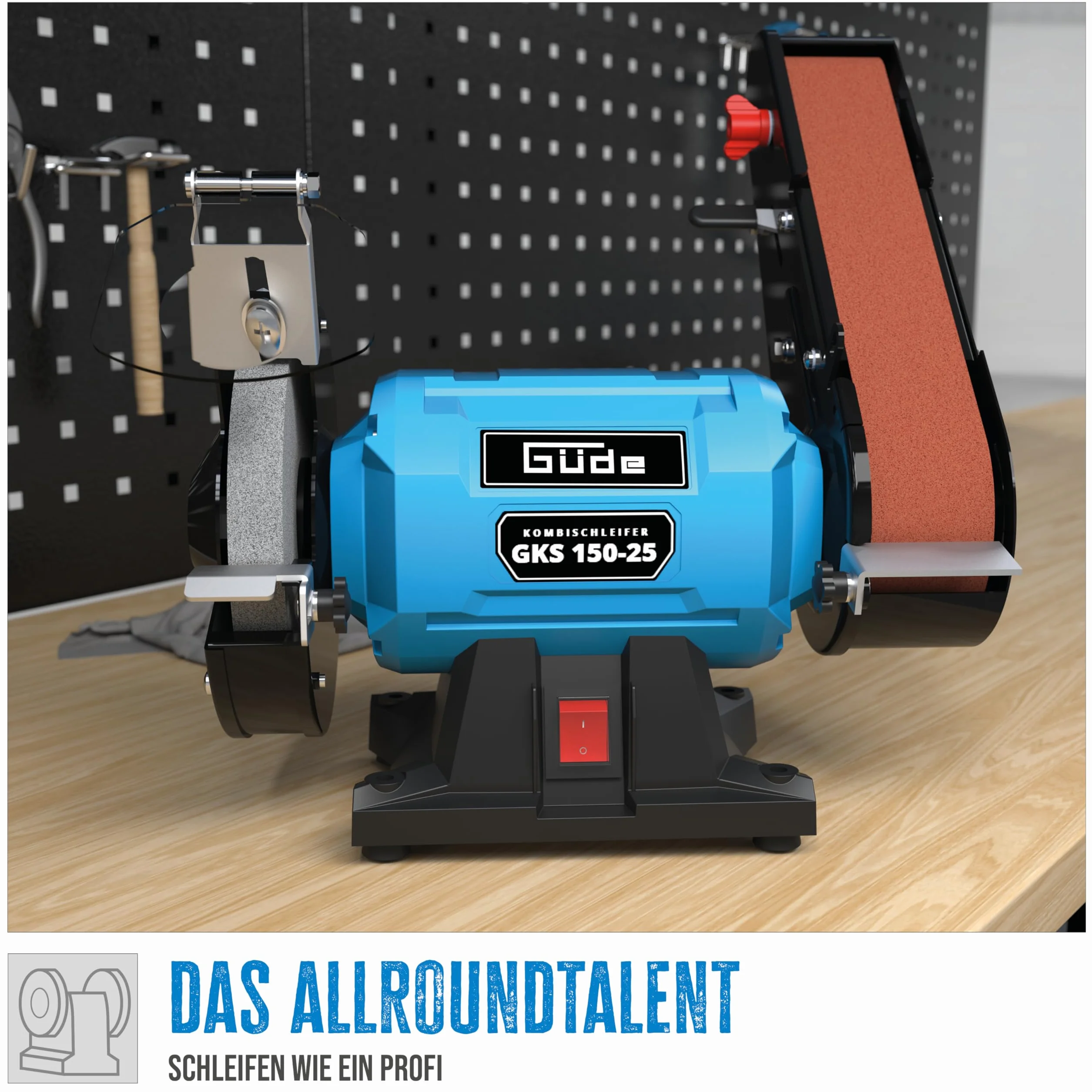 Güde Smerigliatrice combinata GKS 150-25 (250 W, 2980 1/min, motore a condensatore, base stabile della macchina, dispositivo di protezione scintille regolabile, disco abrasivo fine Ø 150 mm 36 K,