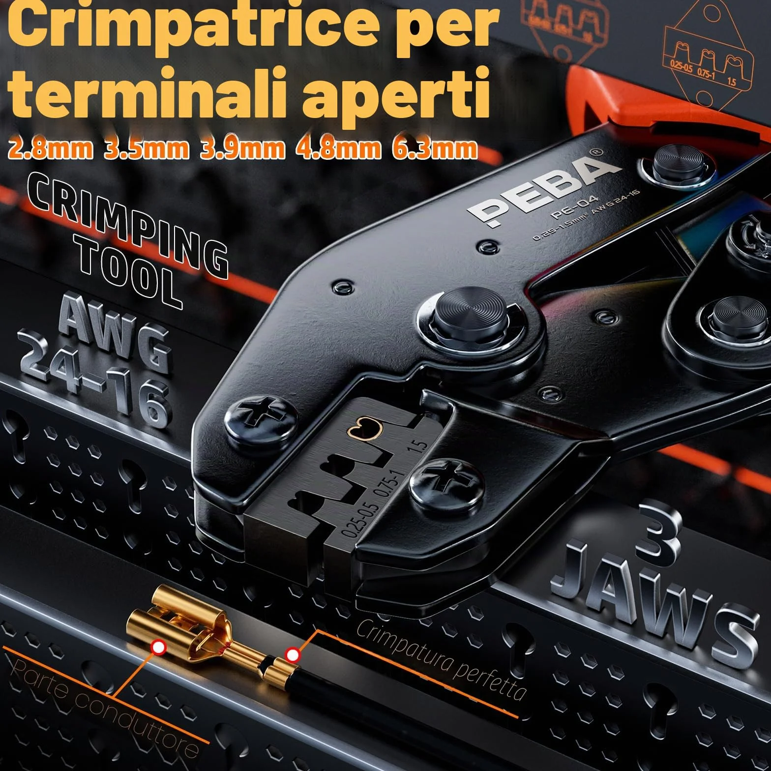 PEBA Pinza Crimpatrice con 10 Types di Faston Connettori – Pinza crimpatrice per connettori da 0,25 a 2,50 mm² | Pinze a manicotti a spina piatta, Strumento di crimpatura, Bussola piatta