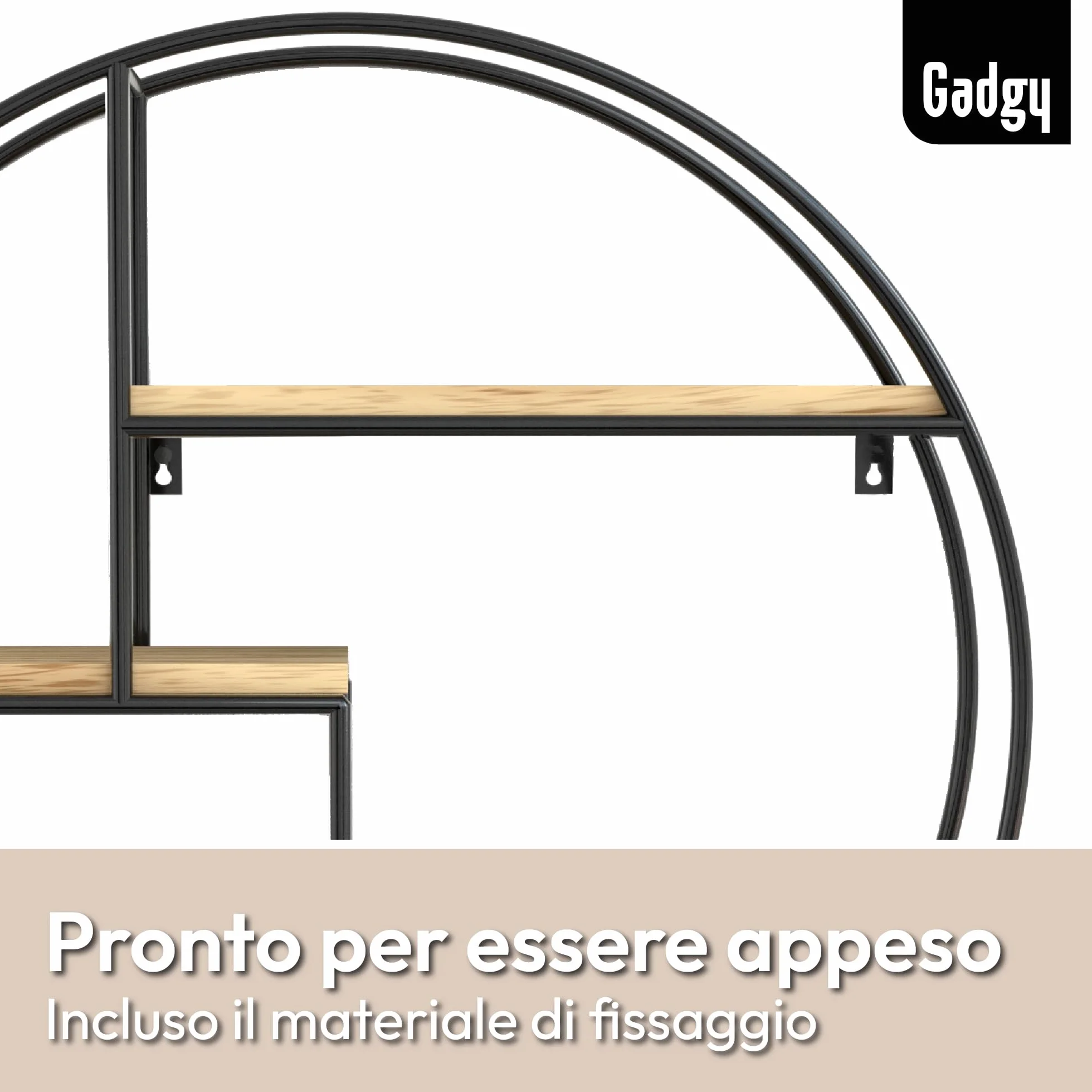 Gadgy Mensola Rotonda da Parete con 4 Ripiani - Mensola Galleggiante in Legno e Metallo Stile Industriale, Già Assemblata e Pronta da Appendere - 42 x 10 cm