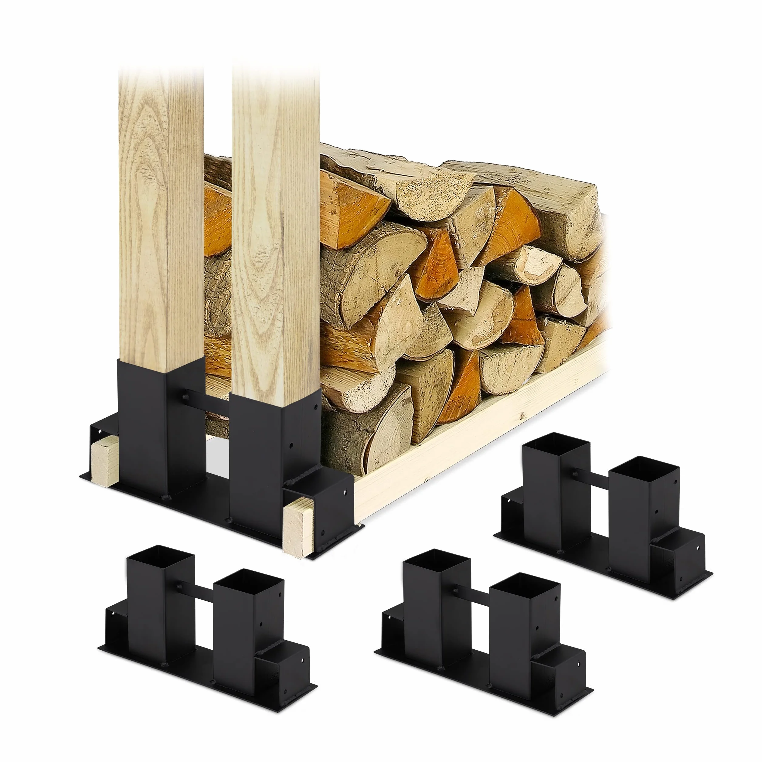 Relaxdays Supporti per Portalegna, Set da 4 Staffe, Sostegni per Cataste di Legna, per Scaffali Fai da Te, Metallo, Nero