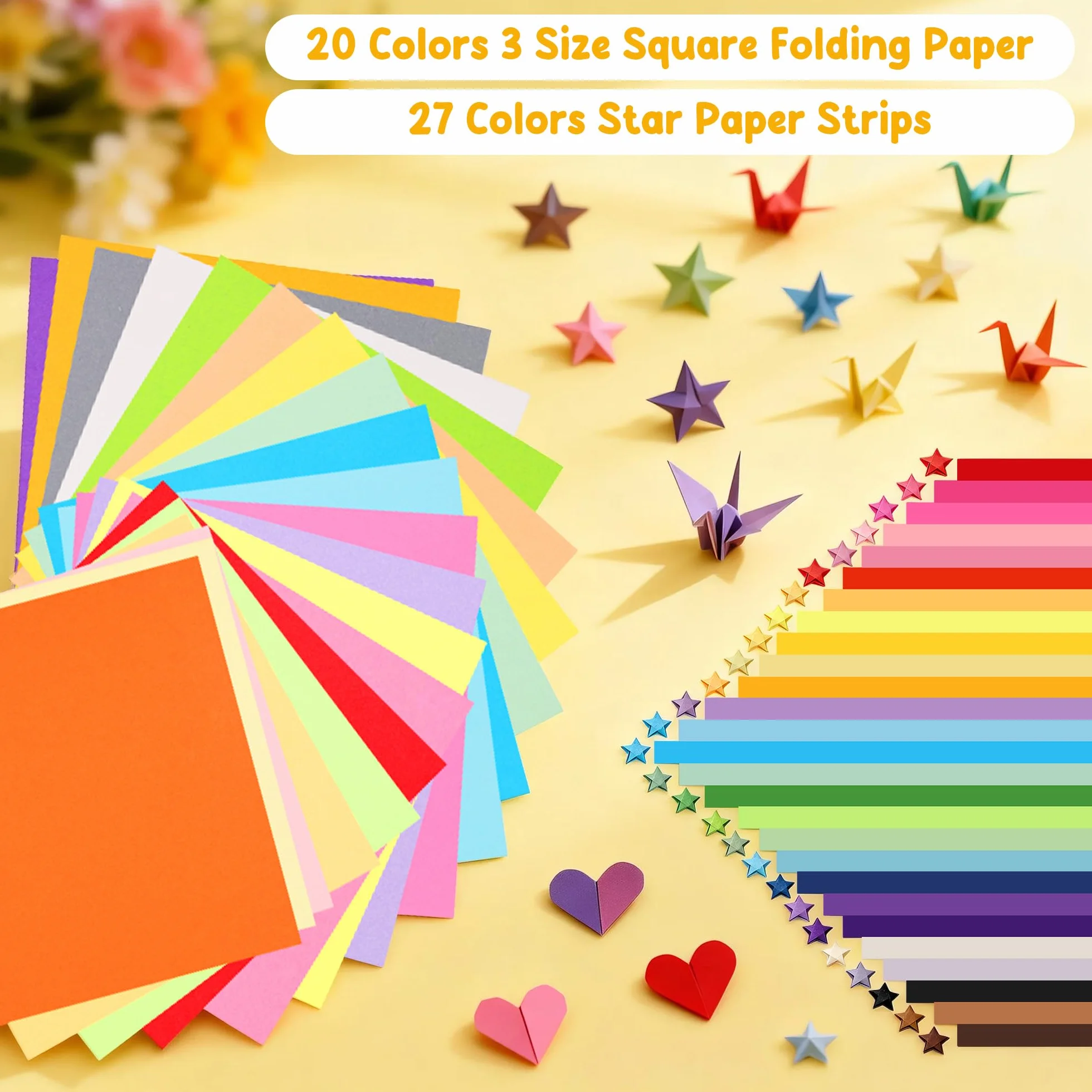 840 Fogli di Carta Origami, 20 Colori, Cartoncini Colorati Bifacciale (Quadrato da 10 cm/15 cm/20 cm + Striscia), Carta Artigianale Pieghevole per Origami Fai Da Te e Progetti Artistici Scuol