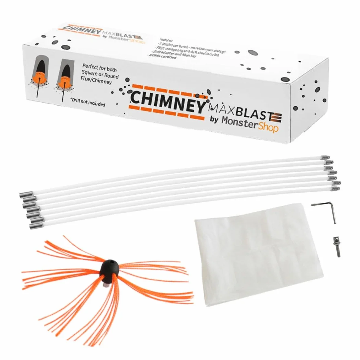 MaxBlast - Scovolo Spazzacamino per Trapani Avvitatori con Adattatore Spazzola Camino Canna Fumaria Ciminiera Asta Nylon Flessibile con 6 Spazzole da 7 Setole - 11m