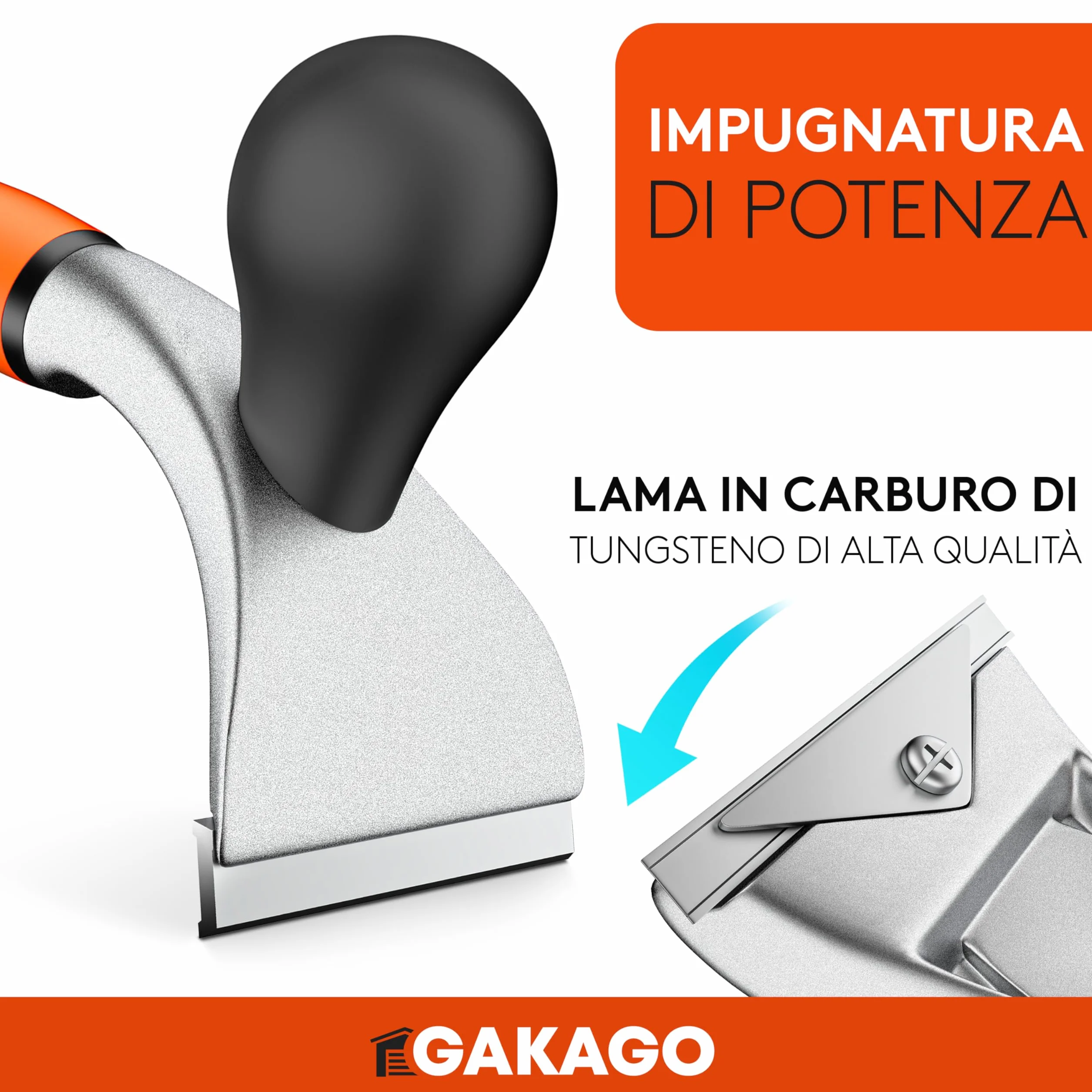 Gakago Raschietto - Lama di alta qualità da 65 mm in resistente carburo di tungsteno - Raschietto universale ergonomico e antiscivolo per legno, metallo, cemento o pietra