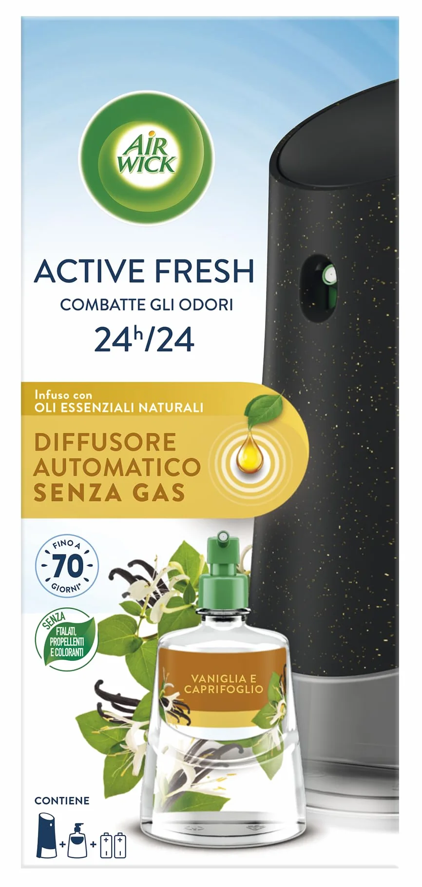 Airwick Active Fresh Deodorante per Ambienti, Diffusore Automatico, 228ml, Vaniglia e Caprifoglio, Neutralizza Odori 24/7