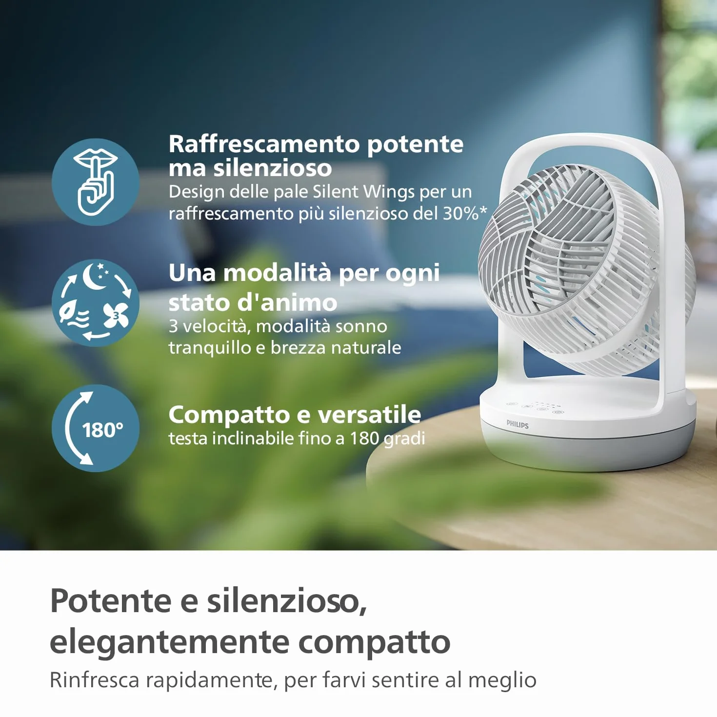 Philips Serie 2000 Ventilatore da Tavolo 23 dB Circolatore d'Aria Timer 12 Ore CX2050 Bianco Ricondizionato