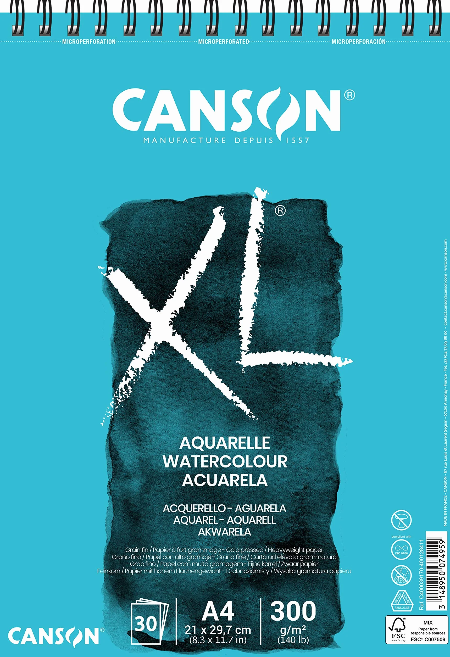 Canson XL Aquarelle album per tecniche umide, spiralato lato corto 300g/m, grana fine A4, 30 fogli