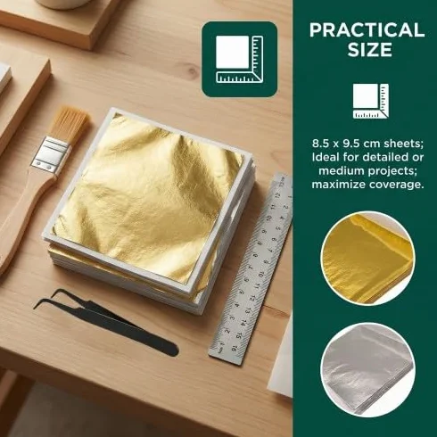 Set di 200 fogli in oro e argento (8,5 x 9,5 cm) con pinzette e pennello per doratura, pittura, decorazioni e progetti fai da te
