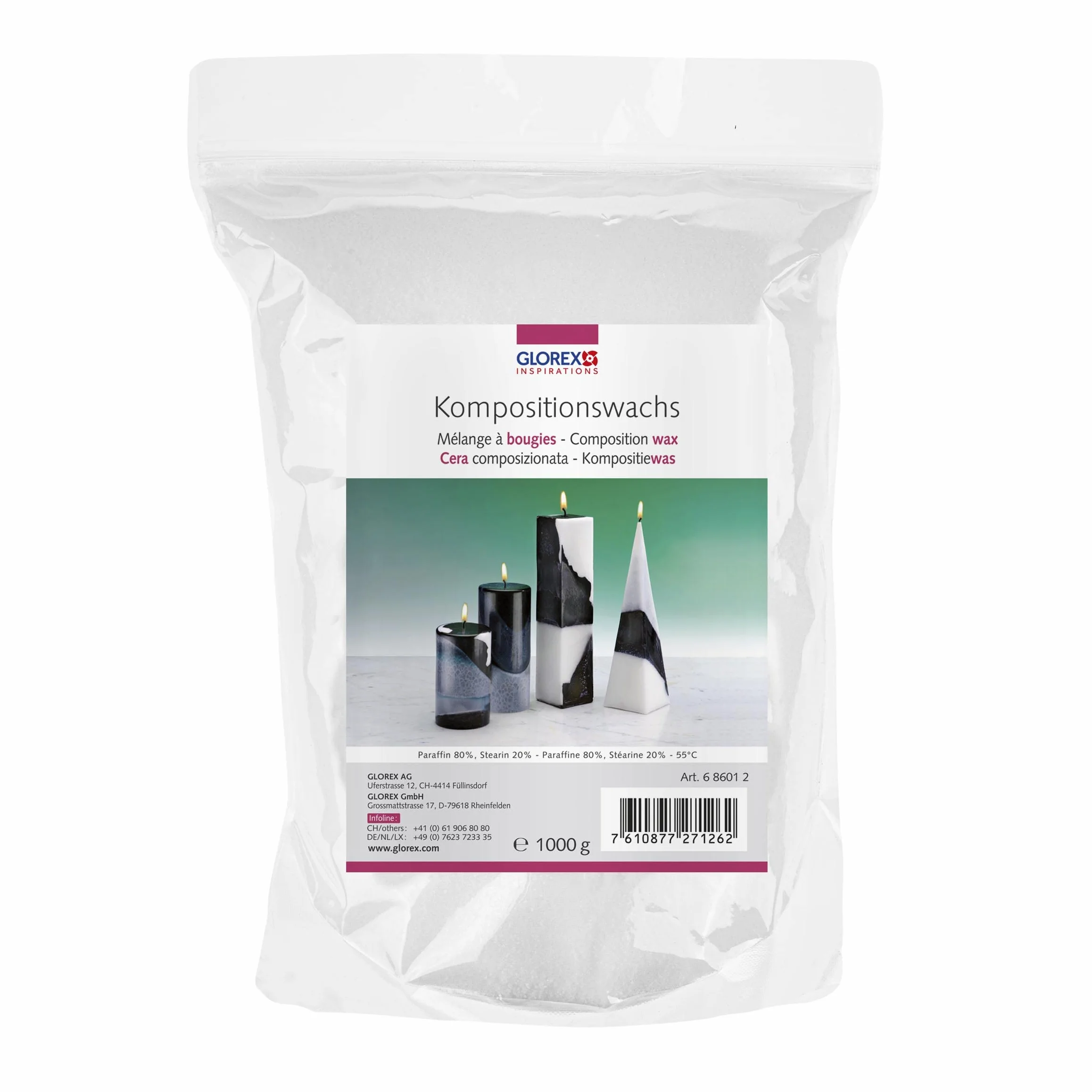 Glorex 6 8601 2 - Cera di Composizione 1000 g, Miscela di Cera pronta all'Uso in Forma di Granulato, per la Fabbricazione di Candele, per Una buona qualità di combustione e Una Fiamma tranquilla.