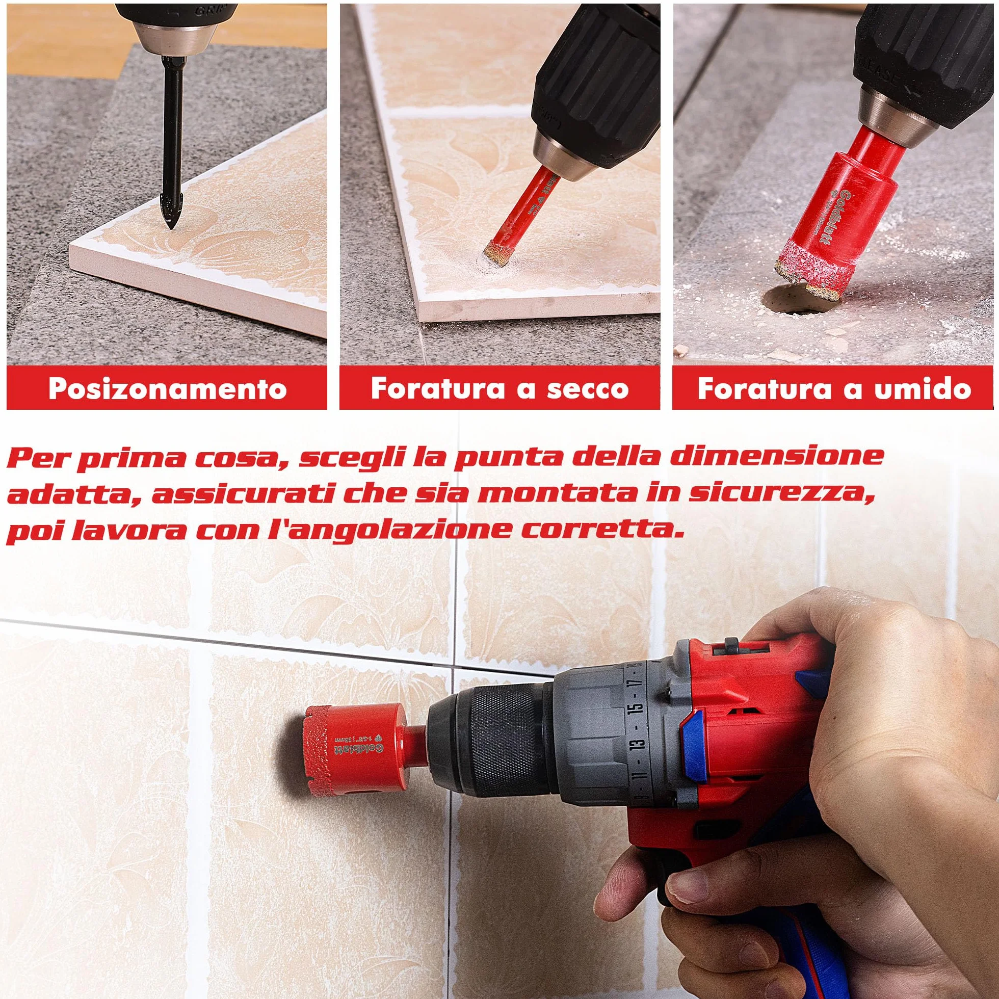 Goldblatt Set Punte Diamantate Per Piastrelle 5 Pezzi Con 6/8/10/20 mm Per Forature Precise Su Ceramica Marmo Granito Gres Porcellanato