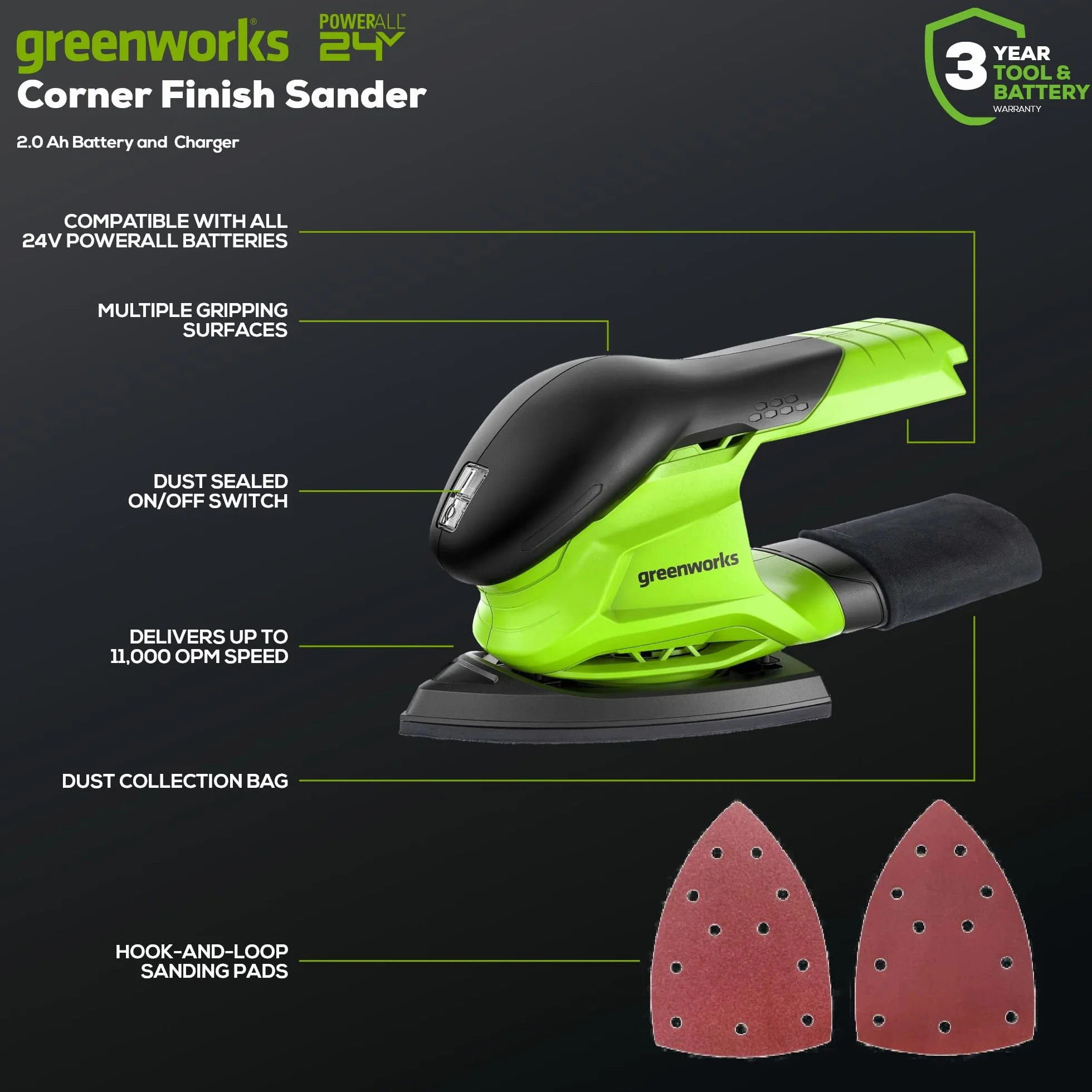 Greenworks Levigatrice per finitura senza fili 24 V 11000 OPM solo utensile