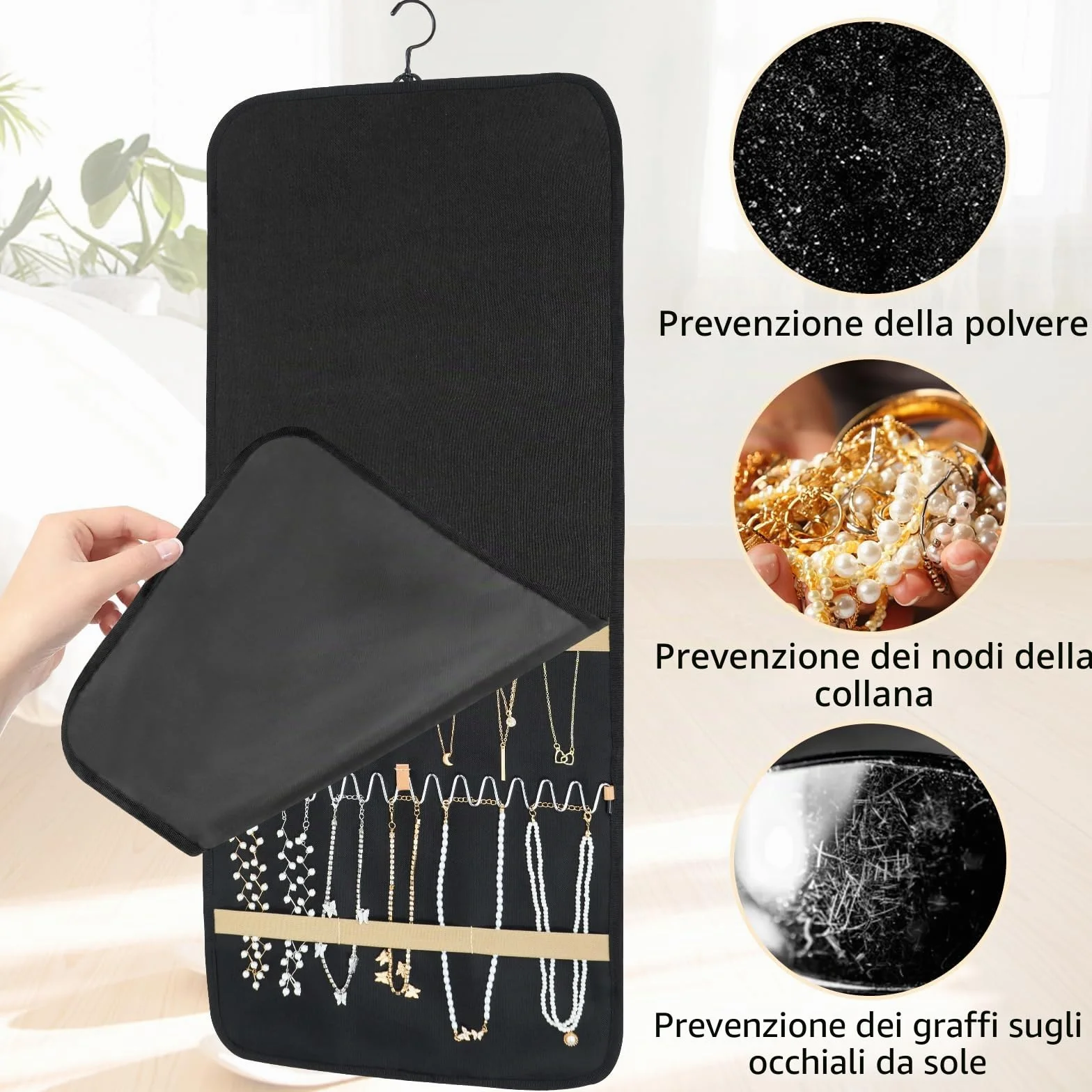 Oudizz Hanging Jewelry Organizer per Armadio - Collana Earring Holder con Coperchio Antipolvere e Gancio Rotante in Metallo - Jewelry Storage Display Stand, Grande, Nero