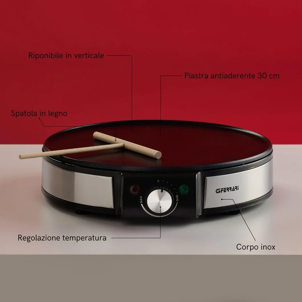 G3 Ferrari G10098 Profi- Crepe Crepiera Elettrica 1200W, Piastra da 30 cm in Inox, Rivestimento Antiaderente, Temperatura Regolabile, Spatola e Paletta in Legno Incluse