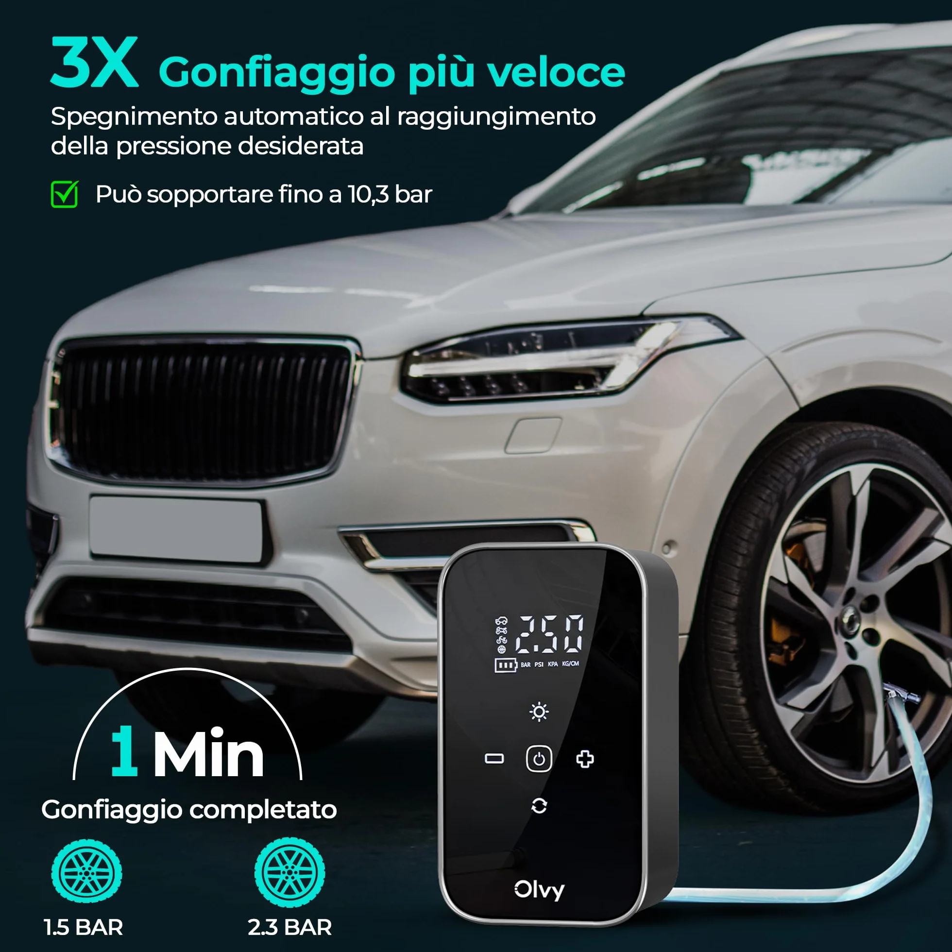 Olvy Compressore d'aria portatile senza fili 12V 6000 mAh Display digitale Luce LED