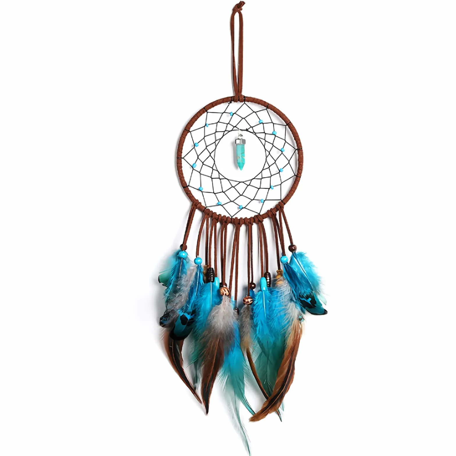 Acchiappasogni Grande Indiano con Piume Blu, Decorazione da Parete per Bambini