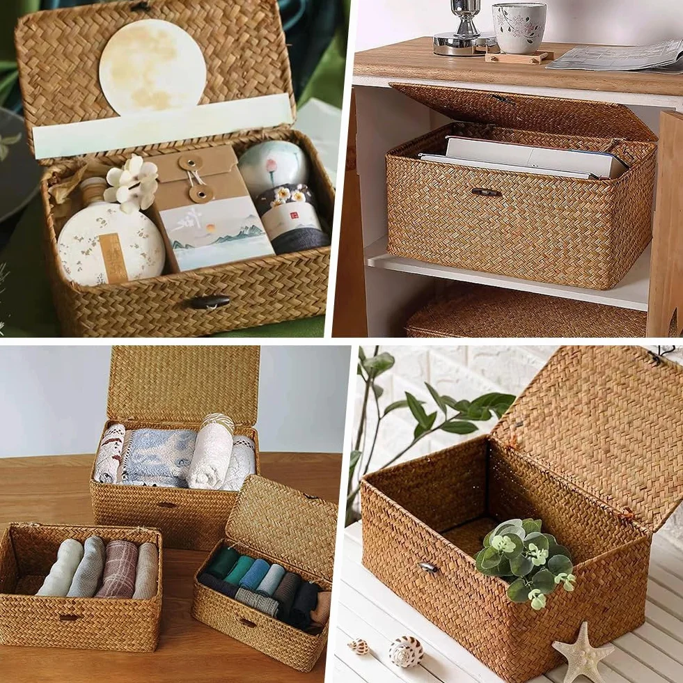 Cesto in rattan con coperchio, 3 pezzi Cesto portaoggetti in giunco marino naturale, Cesto portaoggetti multifunzionale, Cesto per scaffale intrecciato (B)