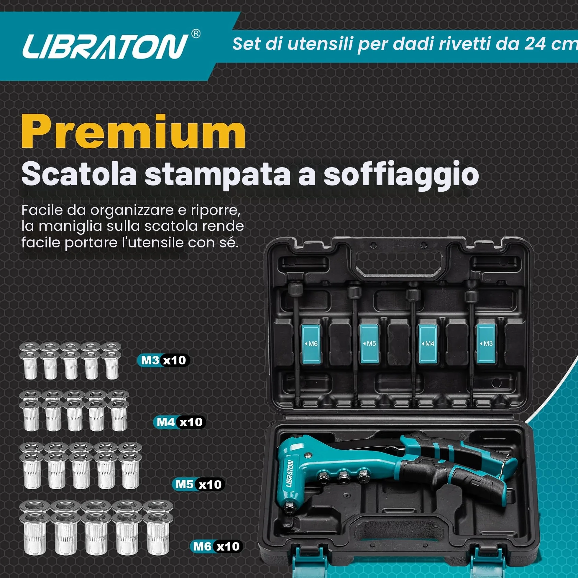 Libraton Dado Rivettatrice Professionale 9,5", Pistola Rivetti Inserti Filettati, Pinza Manuale Rivetti Dadi, 40pz Dadi M3 M4 M5 M6