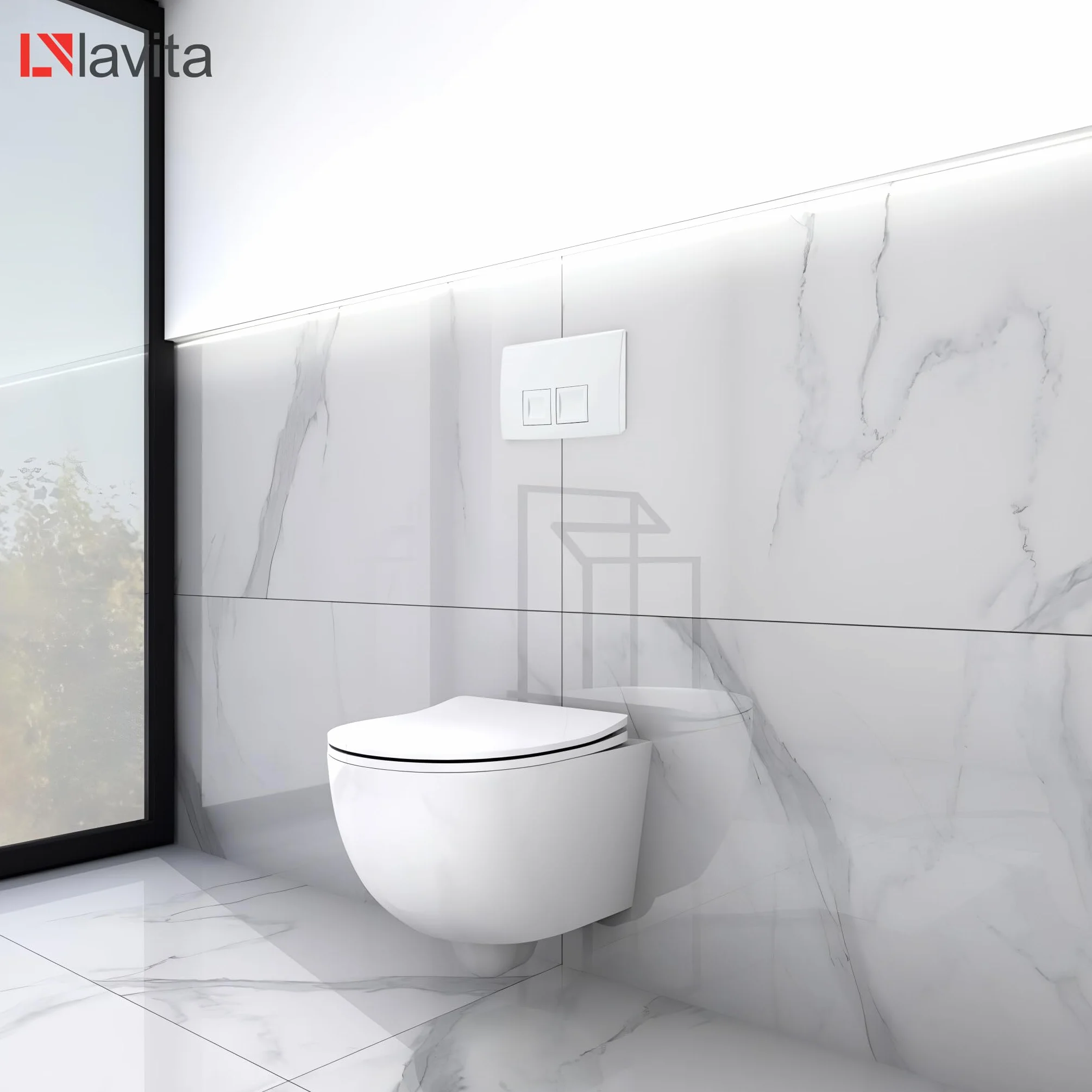 Lavita Duofix Basic Elemento a parete + Lavita WC a scarico profondo Dalia Bianco senza bordo + Sedile WC con chiusura automatica + Pannello di comando Delta 25 Pulsante bianco Set completo