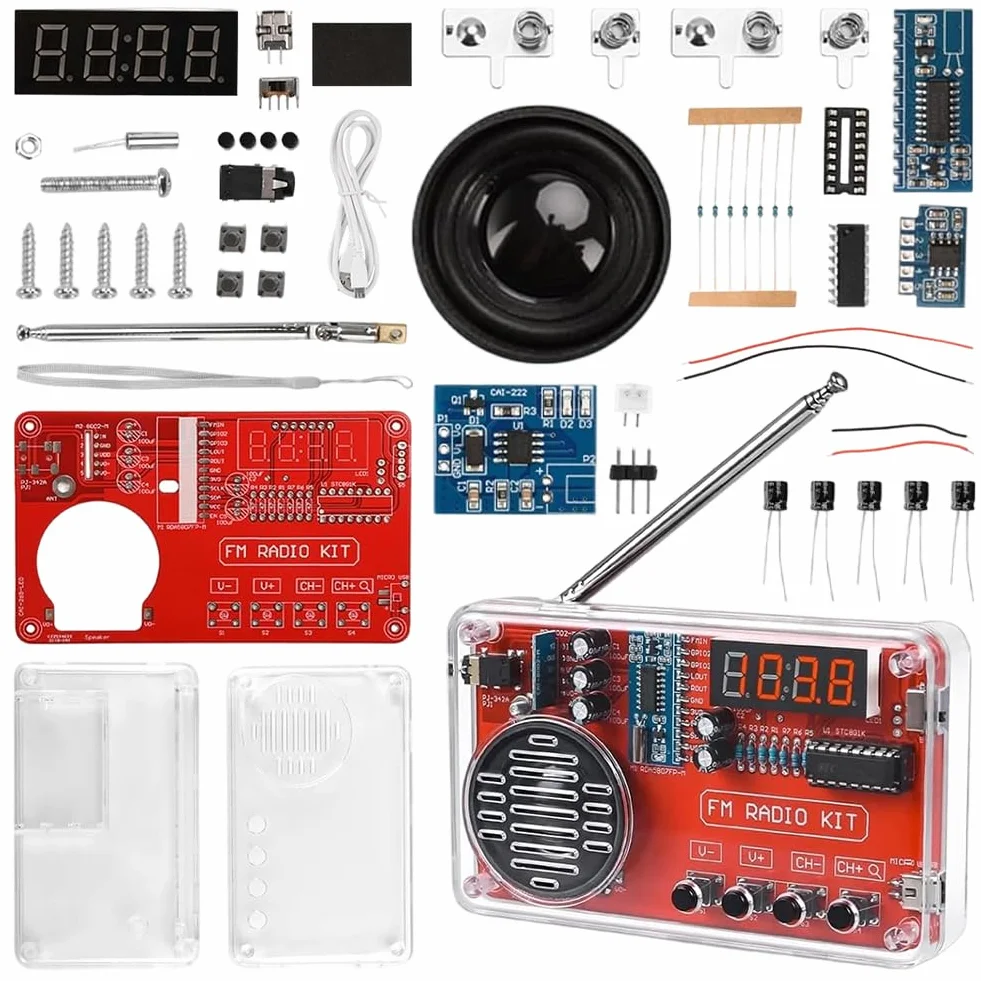 Kit per esercizi di saldatura elettronica con radio digitale e display, kit per elettronica fai da te con modulo di ricarica per principianti, studenti e formazione STEM, pratico set di apprendimento