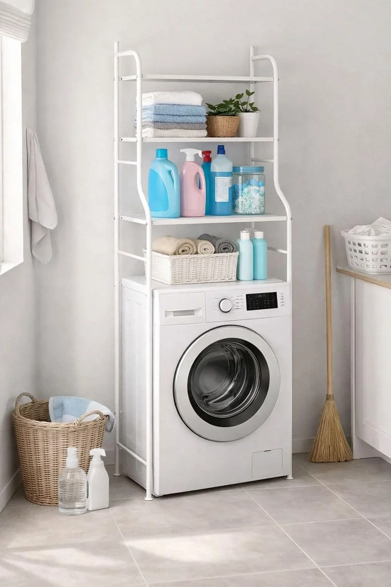 Scaffale Sopra Lavatrice in Metallo – Libreria Salvaspazio 3 Ripiani – Struttura Super Resistente – Piedini Antiscivolo – Organizer Lavanderia 65x25x160 cm – Bianco