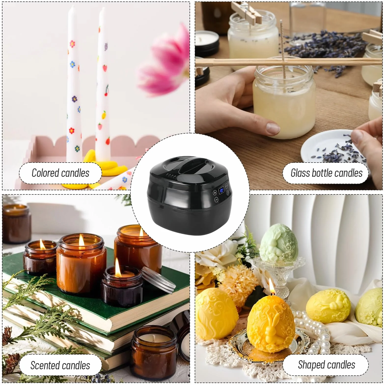 Ambesty Scaldacera Professionale,1L Fusciera Elettrica Display Digitale LCD con 150 Stoppino,Adesivo, Centratore e Cucchiaio,Scalda Cera per Candele,Kit Candele Fai da te Cera di Soia
