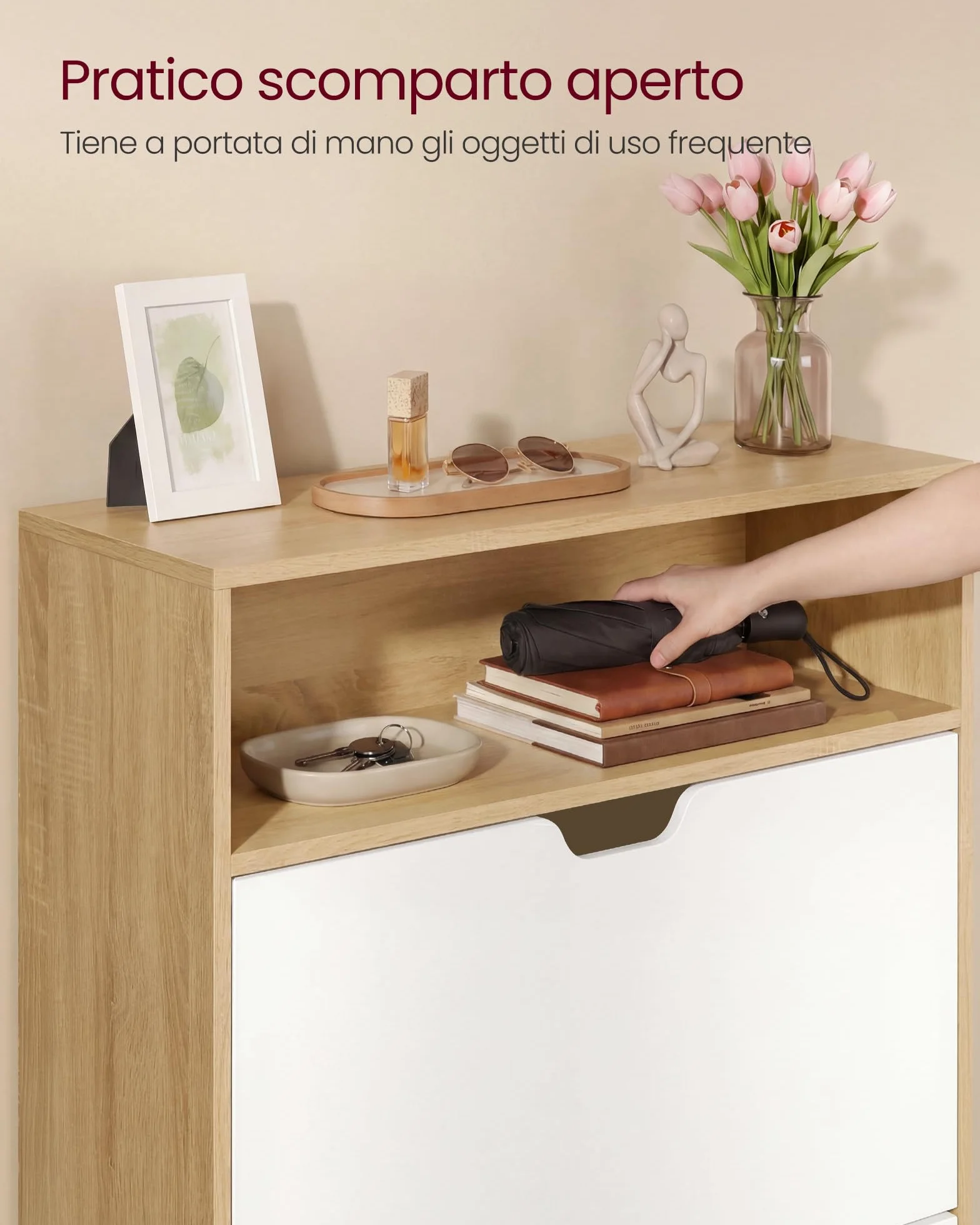 VASAGLE CUSTOS Collezione - Scarpiera, Scaffale Portascarpe, Scomparto Aperto, Divisorio Regolabile, Ingresso, 2 Ante a Ribalta, 24 x 80 x 102 cm, 14-16 Paia, Rovere Dorato e Bianco Nuvola LBC048YA02