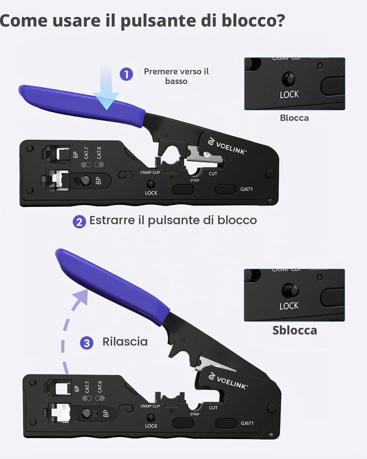 VCELINK GJ671BL Pinza Crimpatrice RJ45 Passante Multifunzione, Professionale per Connettori RJ45/RJ12/RJ11, Compatibile con Cavi Cat5-Cat7