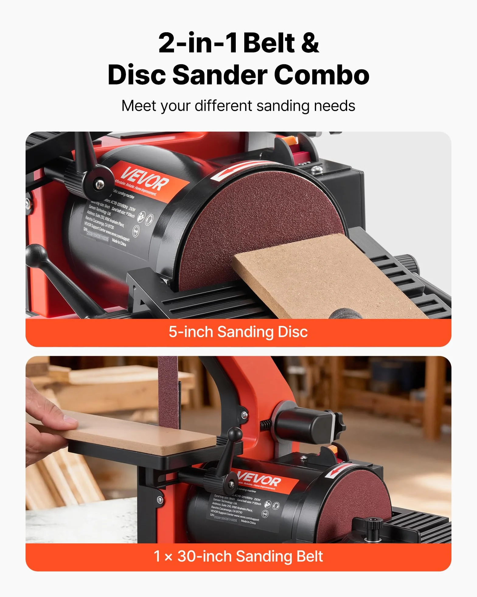 VEVOR Levigatrice a Disco Levigatrice a Nastro 25,4 x 762 mm da 250 W Velocità Singola con Piano di Lavoro Regolabile 0 a 45° Porta di Raccolta Polvere per Lavorazione del Legno, Fai da te