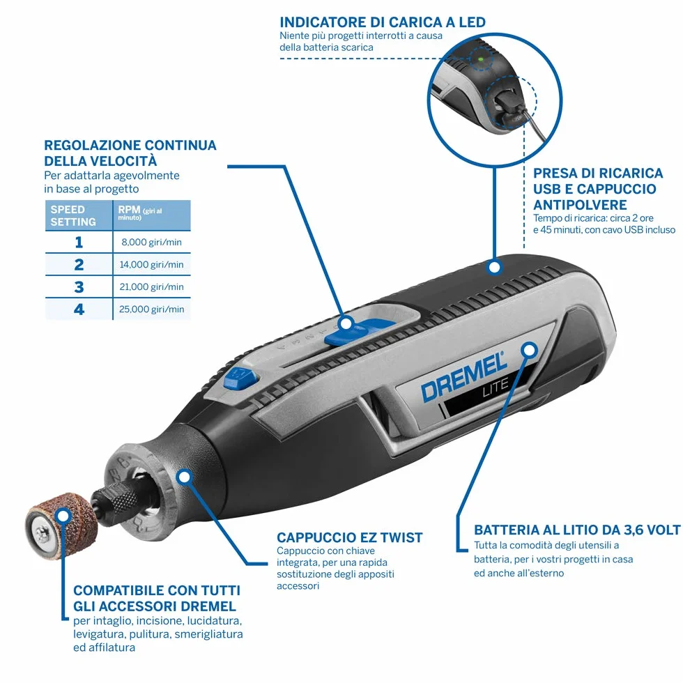 Dremel Lite 7760 Cordless Utensile Multifunzione Rotativo 3.6 V 8.000-25.000 giri/min Kit 15 Accessori