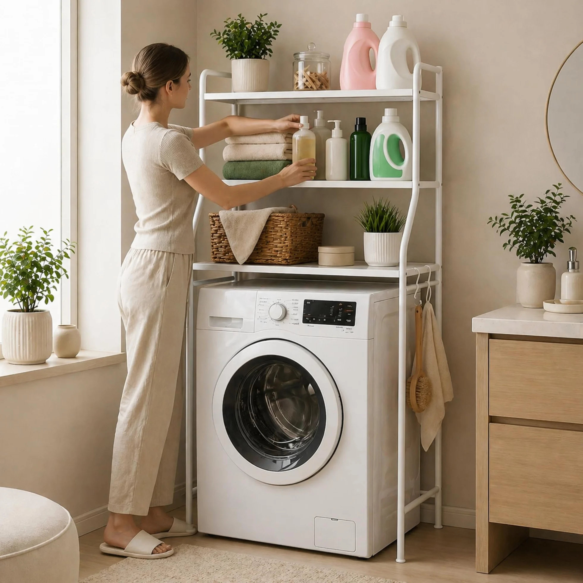 Mobile Lavatrice Salvaspazio con 3 Ripiani STABILE - Scaffale Organizer Bagno e Lavanderia in Acciaio - MONTAGGIO SEMPLICE con Ganci Laterali e Piedini REGOLABILI per Detersivi, Asciugamani e Altro