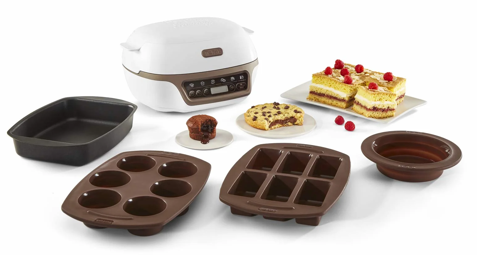 Tefal Macchina per torte, 5 programmi automatici per la regolazione, 1 modalità manuale, 3 stampi flessibili, 1 grande stampo in acciaio rivestito, compatibile con stampi Crispybake, Cake Factory+