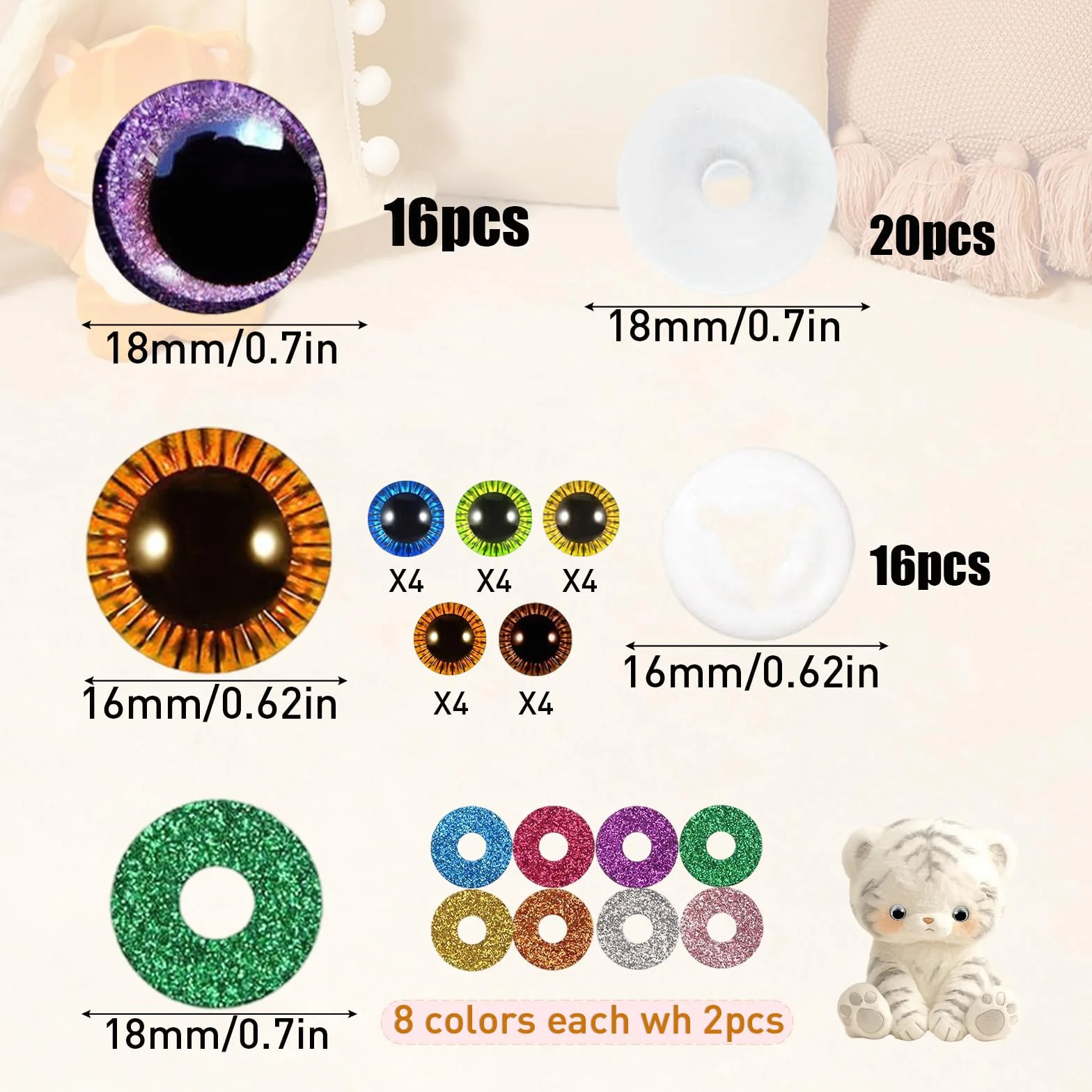 Occhi per Amigurumi 15 mm e 18 mm Occhi per Pupazzi 36 Pezzi Occhi a Bottone in Plastica con Rondella Coloré Occhi Glitterati per Peluche Orsacchiotto DIY Bambole
