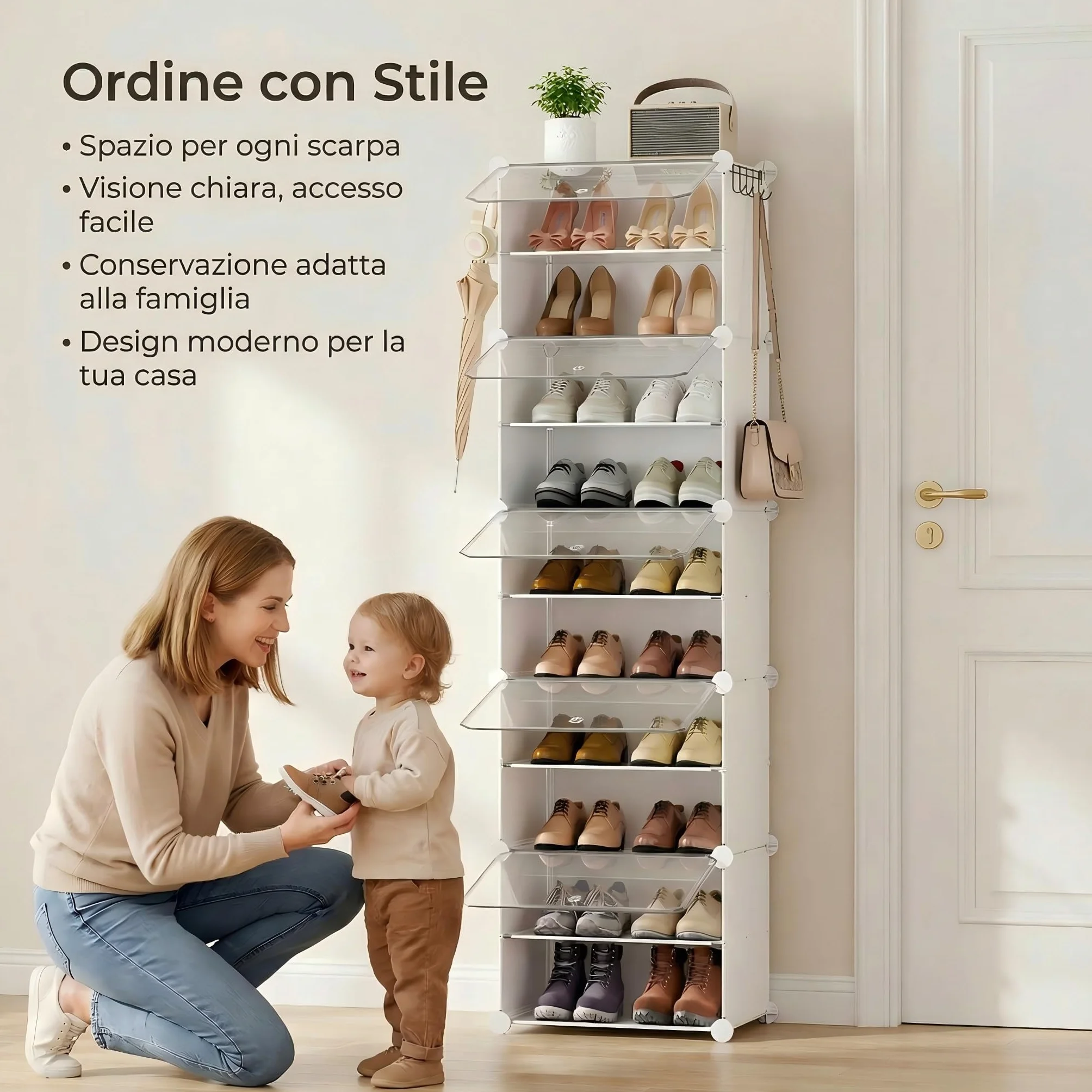 Scarpiera salvaspazio slim alta e stretta a 10 livelli con porta, scarpiera modulare in plastica chiusa bianca, mobile per scarpe ingresso fai da te per corridoio camera da letto
