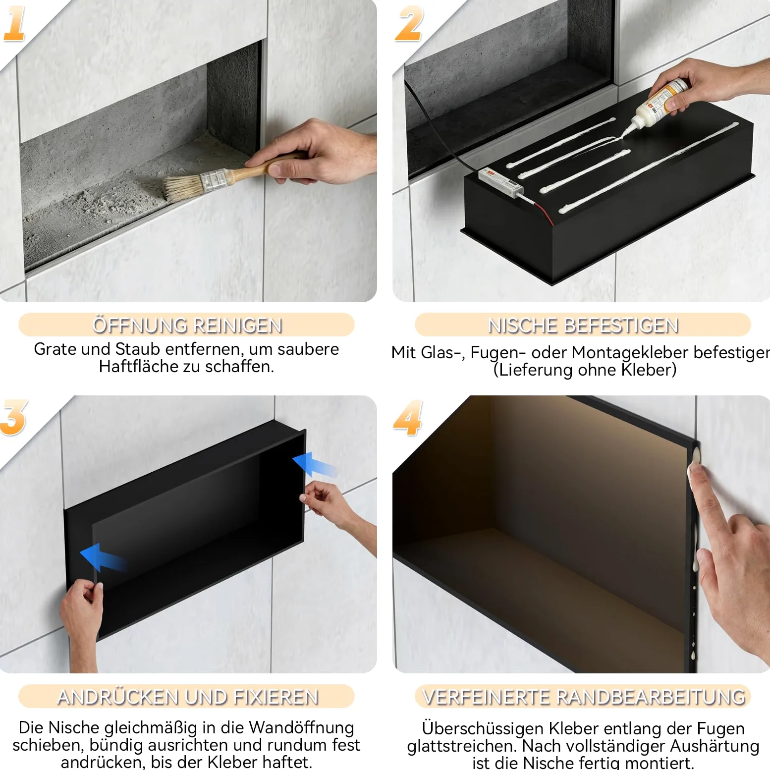 Doccia da parete, 60 x 30 cm, in acciaio inox 304, con illuminazione a LED e trasformatore, impermeabile, mensola singola per bagno e decorazione