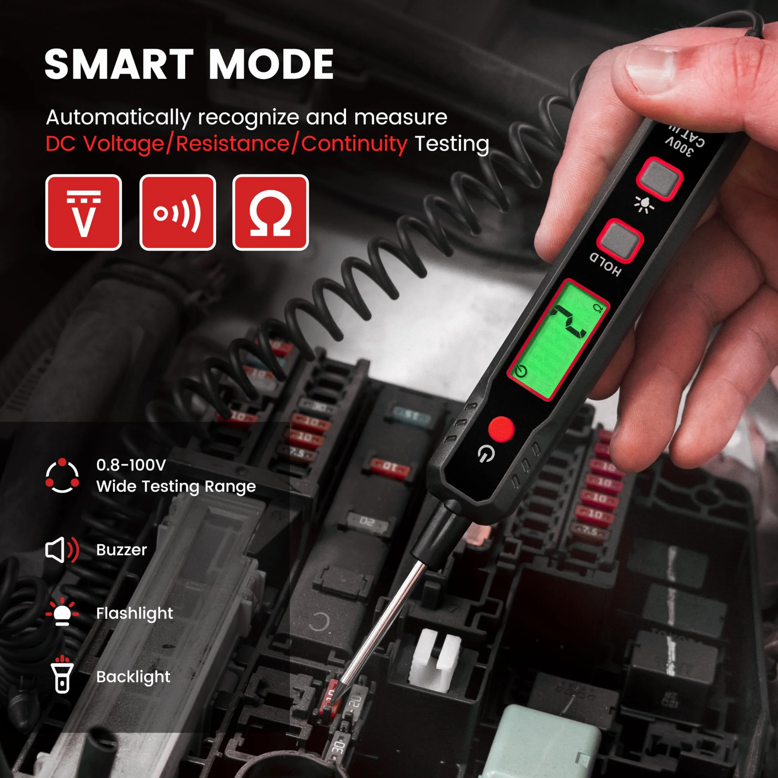 KAIWEETS Penna di Tester Intelligente per Auto, Sonda Elettricisti Con Tensione DC Retroilluminata da 0,8V-100V, Luce di Prova Automobilistica Digitale con Torcia, Tester Automatico Batterie