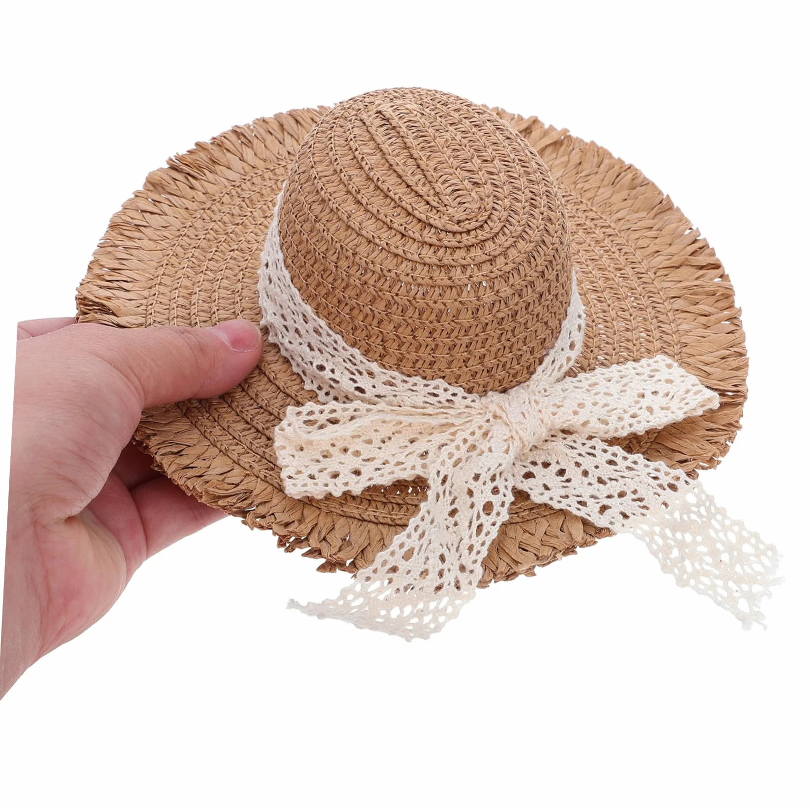 Cappello di Paglia Intrecciata per Bambola con Cinturino in Pizzo
