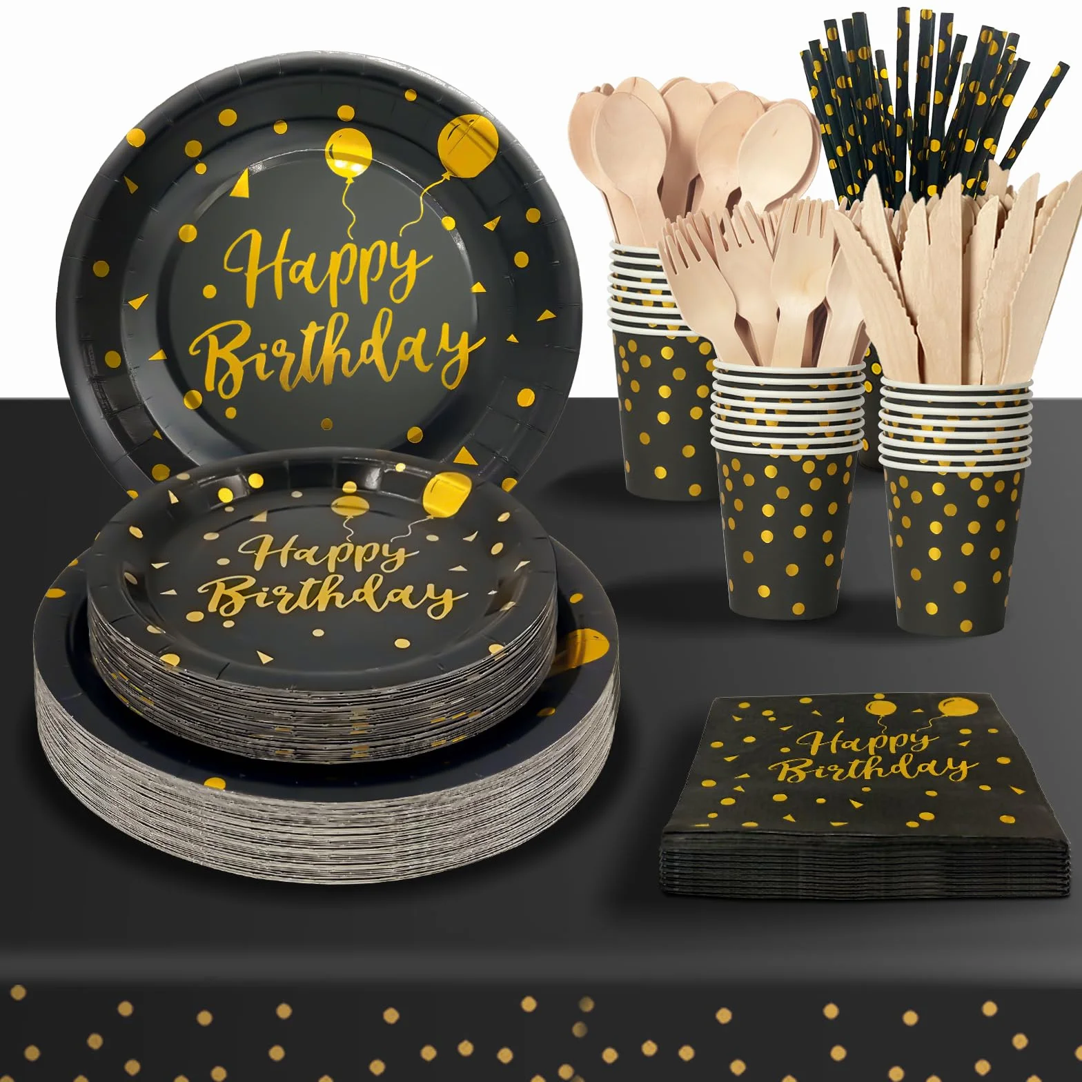 Compleanno Stoviglie Oro Nero 193 Pezzi Set Piatti Tovaglioli Tazze Carta 24 Ospiti