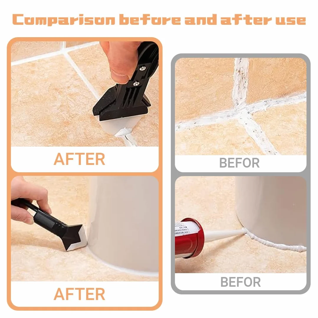 1 Raschietto Silicone Professionale 5 in 1 con 4 Testine, Kit Strumento per Calafataggio e Rimozione, Ideale per Piastrelle, Vetro, Piani di Lavoro in Cucina e Bagno
