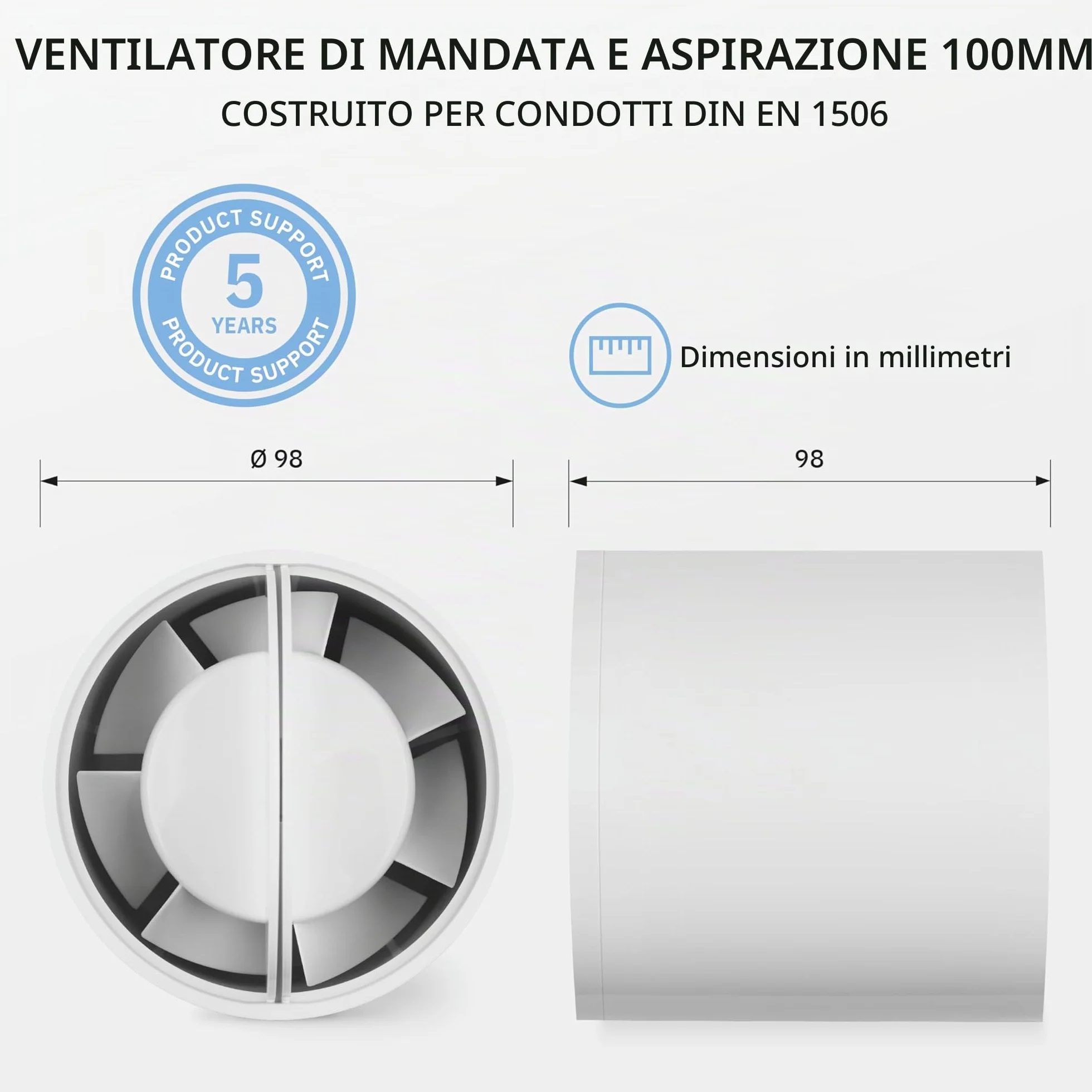 Inline 100 - Estrattore di Ventola per Canali Silenziosi in Linea - 230V - 50Hz - 12W - 130 m³/h - 34 dB