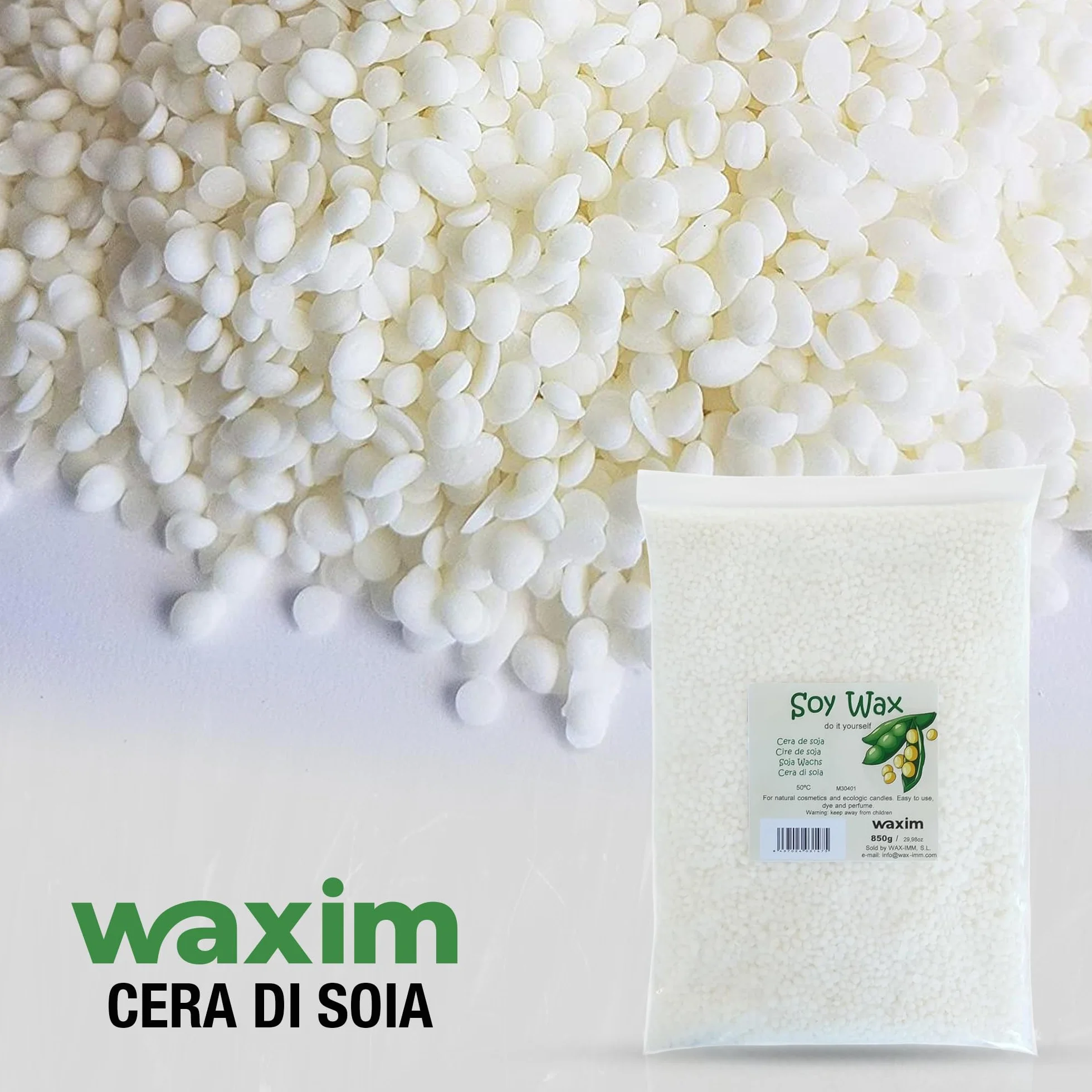 WAXIM Cera di Soia per Candele in Perle | Soy Wax Naturale per Fare Candele Fai da Te 850 g | Base Vegetale per Contenitori | Cera per Candele Fai da Te, Fusione Uniforme e Combustione Pulita