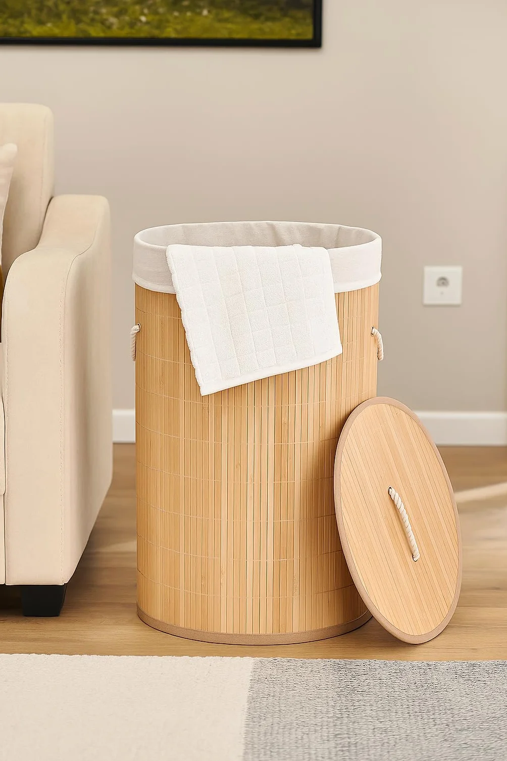 BM Cesto Portabiancheria in Bambù con Coperchio e Sacco Interno Rimovibile – Cesto per Biancheria Sporca Rotondo Ø35x50 cm, Salvaspazio, Stile Naturale per Bagno, Camera da Letto e Lavanderia