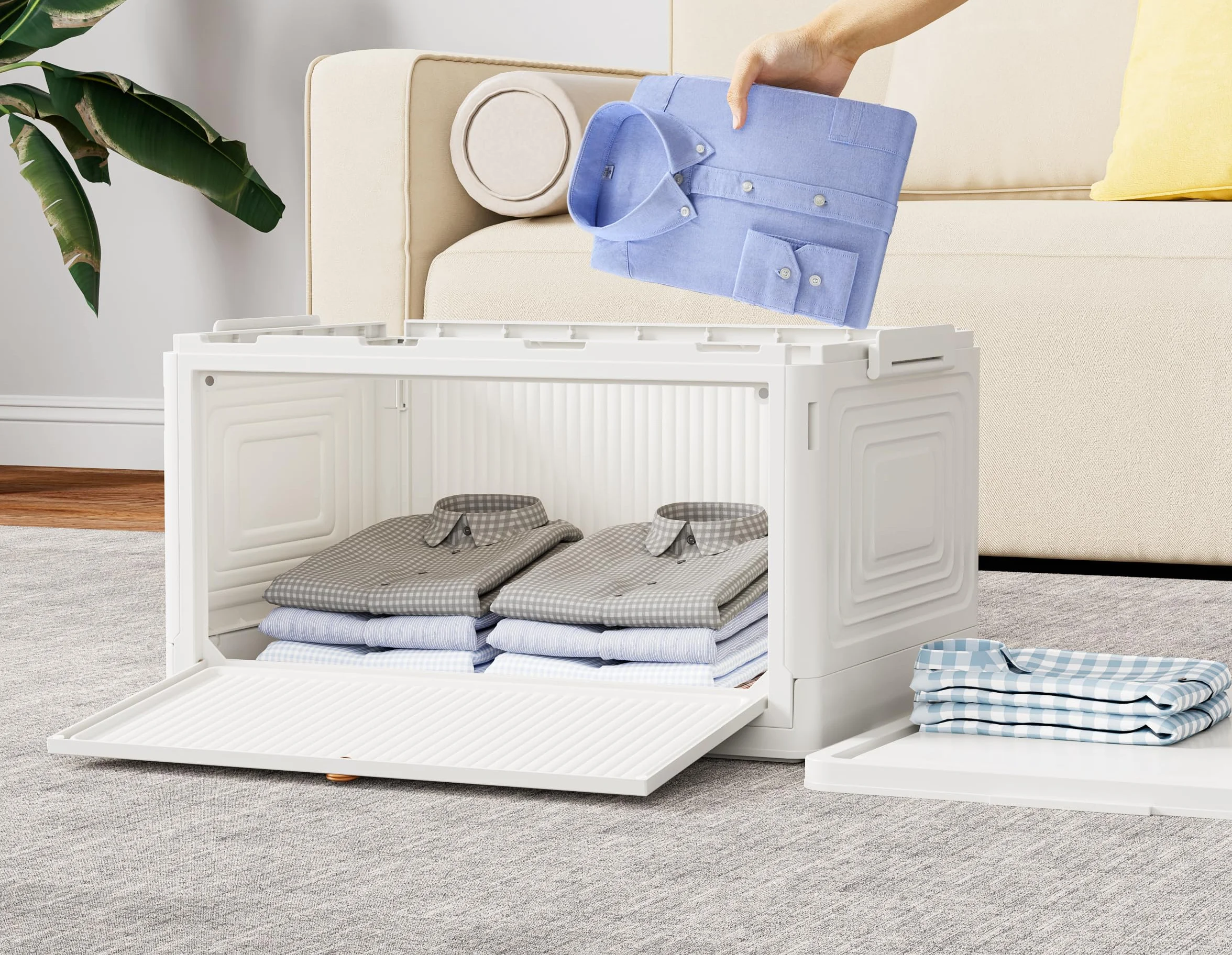 HOMIDEC Scatole Plastica con Coperchio e Ruote, Scatola Portaoggetti Pieghevole, Cassettiera Plastica, 33 L, 3 Unità, Adatto per Riporre Snack, Giocattoli, Libri, Vestiti, Bianco Crema