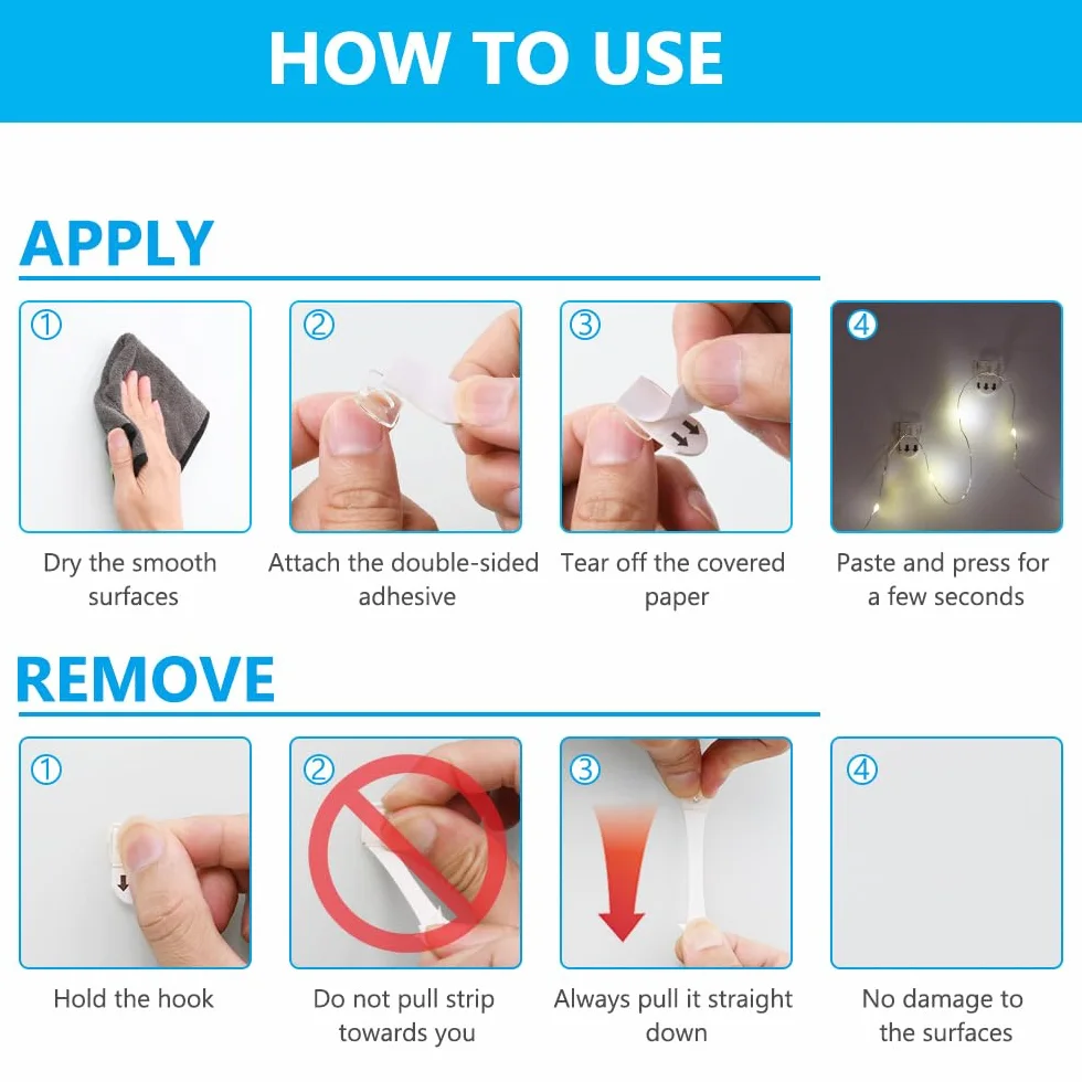 Ainiv 140 Pezzi Mini Clip per Luci da Interni, Ganci per Luci Natalizie da Appendere Senza Danni con Strisce Adesive, Vacanza Luce Gancio Clip per Luci Sospese Decorazioni e Cavi Natalizi