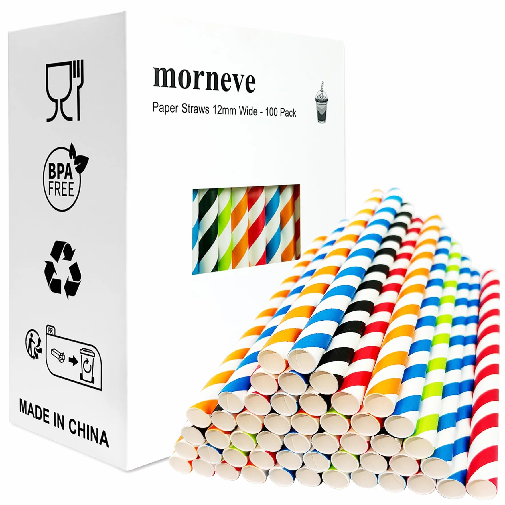 Boba Cannucce usa e getta con bolle di tè, frullati, frappè, frullati, grandi cannucce di carta con perle di tapioca, extra larghe, 12 mm, 1,3 cm, per feste di compleanno, doccia, a righe, 100 pezzi