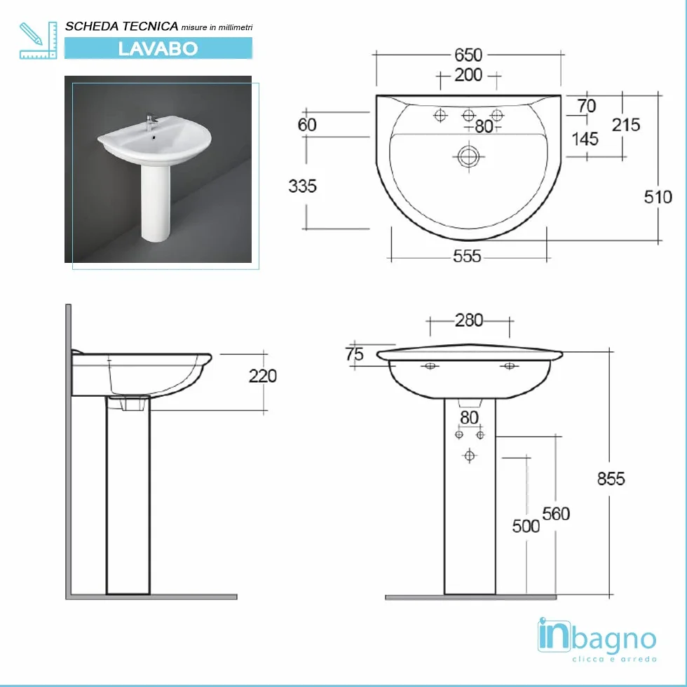 Inbagno Sanitari Bagno in Set, Completo di WC, copriwater, Bidet e lavabo 65 cm con Colonna