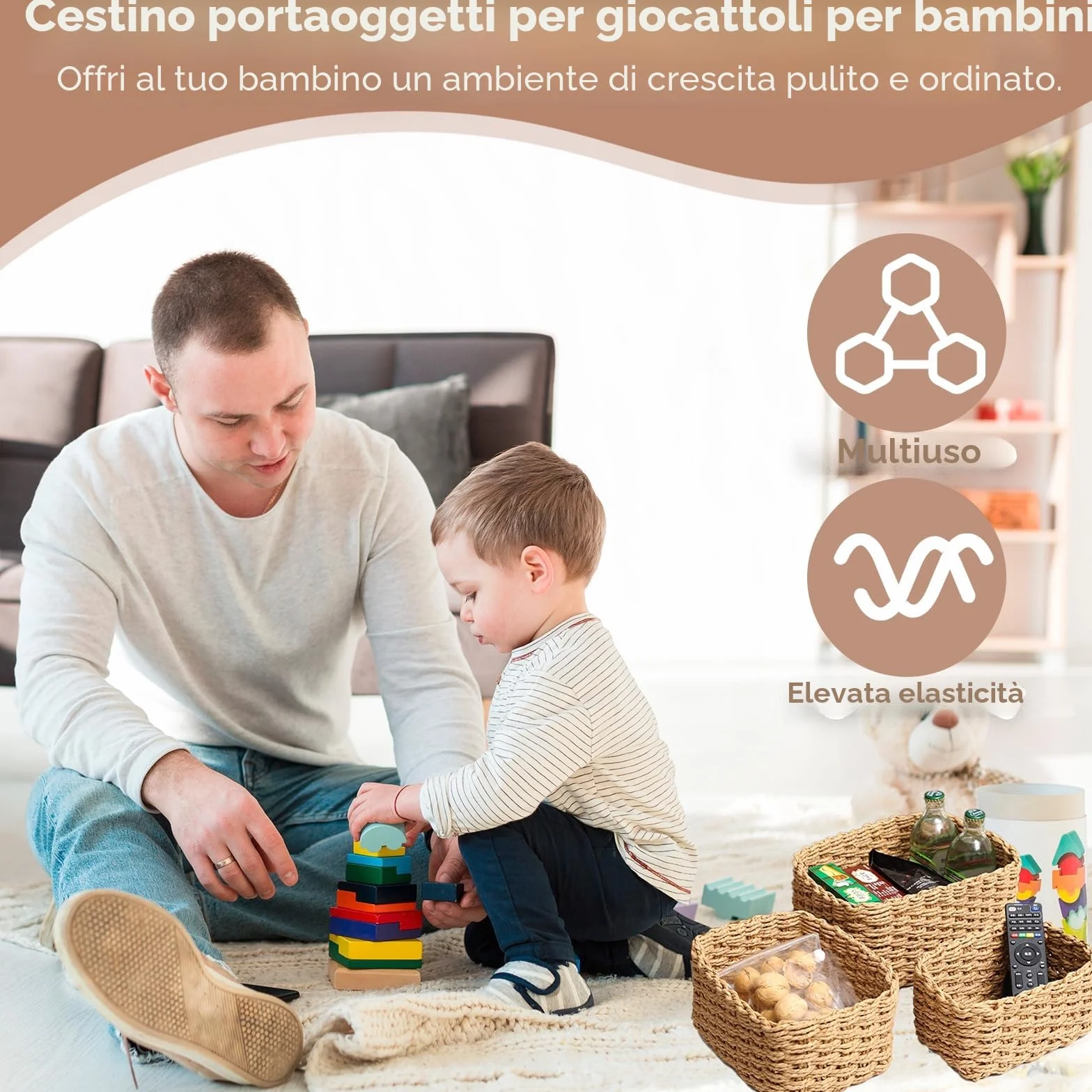 Set di 5 Cestini Portaoggetti Intrecciato in Corda di Carta, Impilabile, Organizer per Cameretta Salotto Ufficio